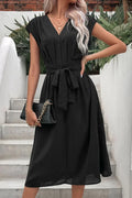 Tie Belt V-Neck Pleated Casual Midi Dress With Pockets - Southern Shores Clothing