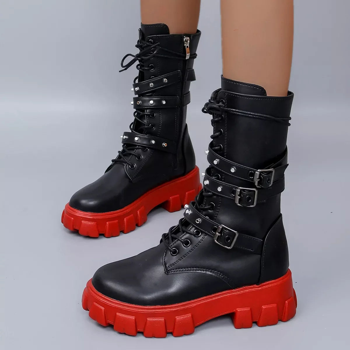 Buckled Lace-Up Mid Heel Combat Boots Ankle-Height - Southern Shores Clothing