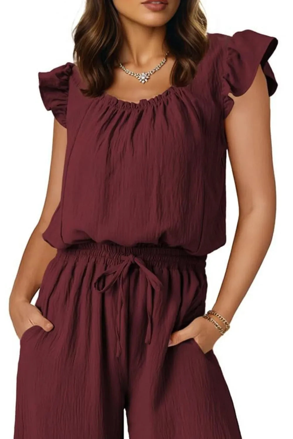 Ruffled Cap Sleeve Wide Leg Jumpsuit With Pockets - Southern Shores Clothing