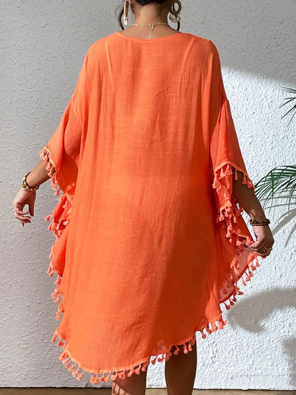 Tassel Cutout Scoop Neck Cover Up Dress One Size - Southern Shores Clothing
