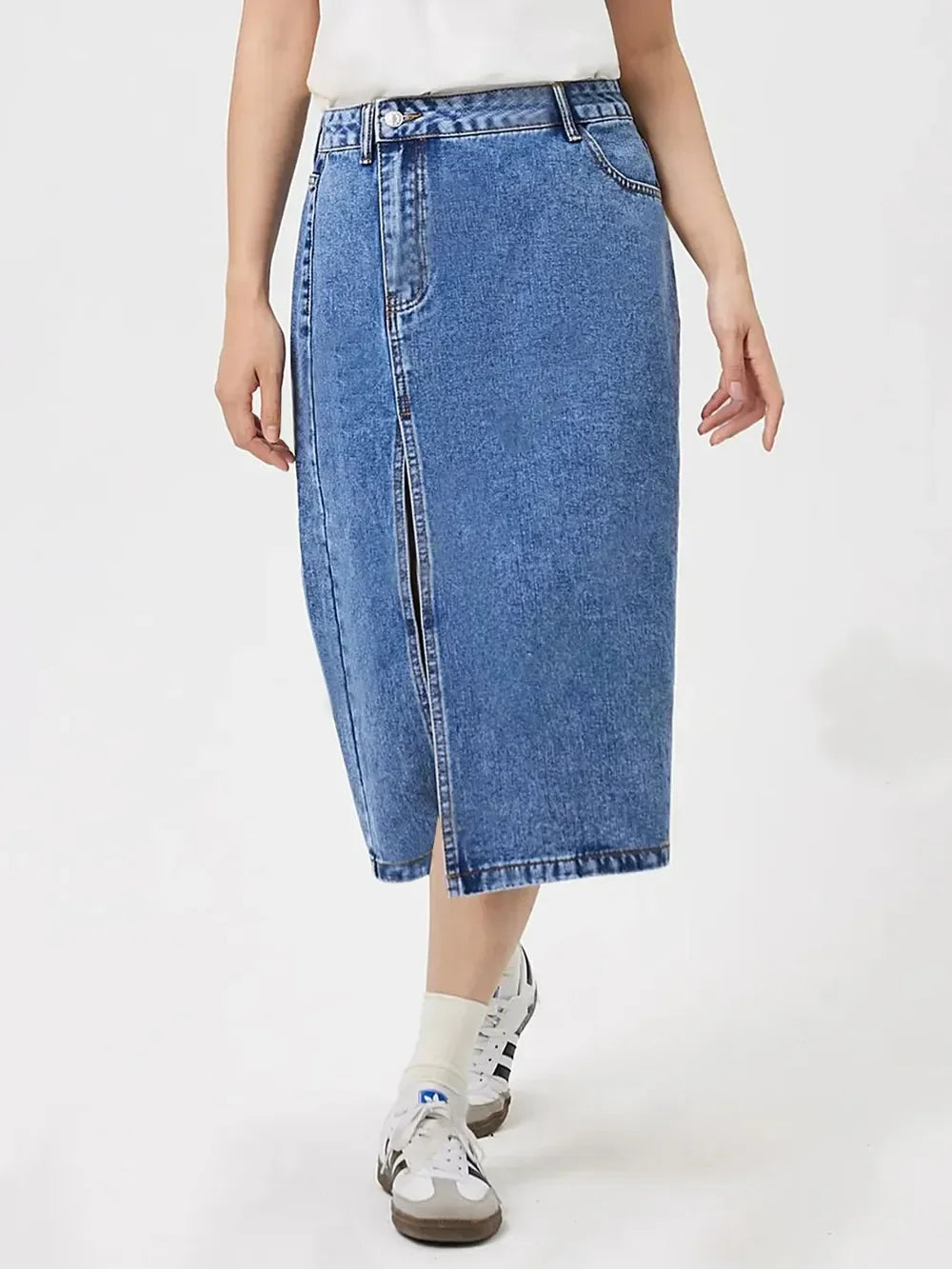 Nautical Slit Midi Denim Skirt With Pockets - Southern Shores Clothing