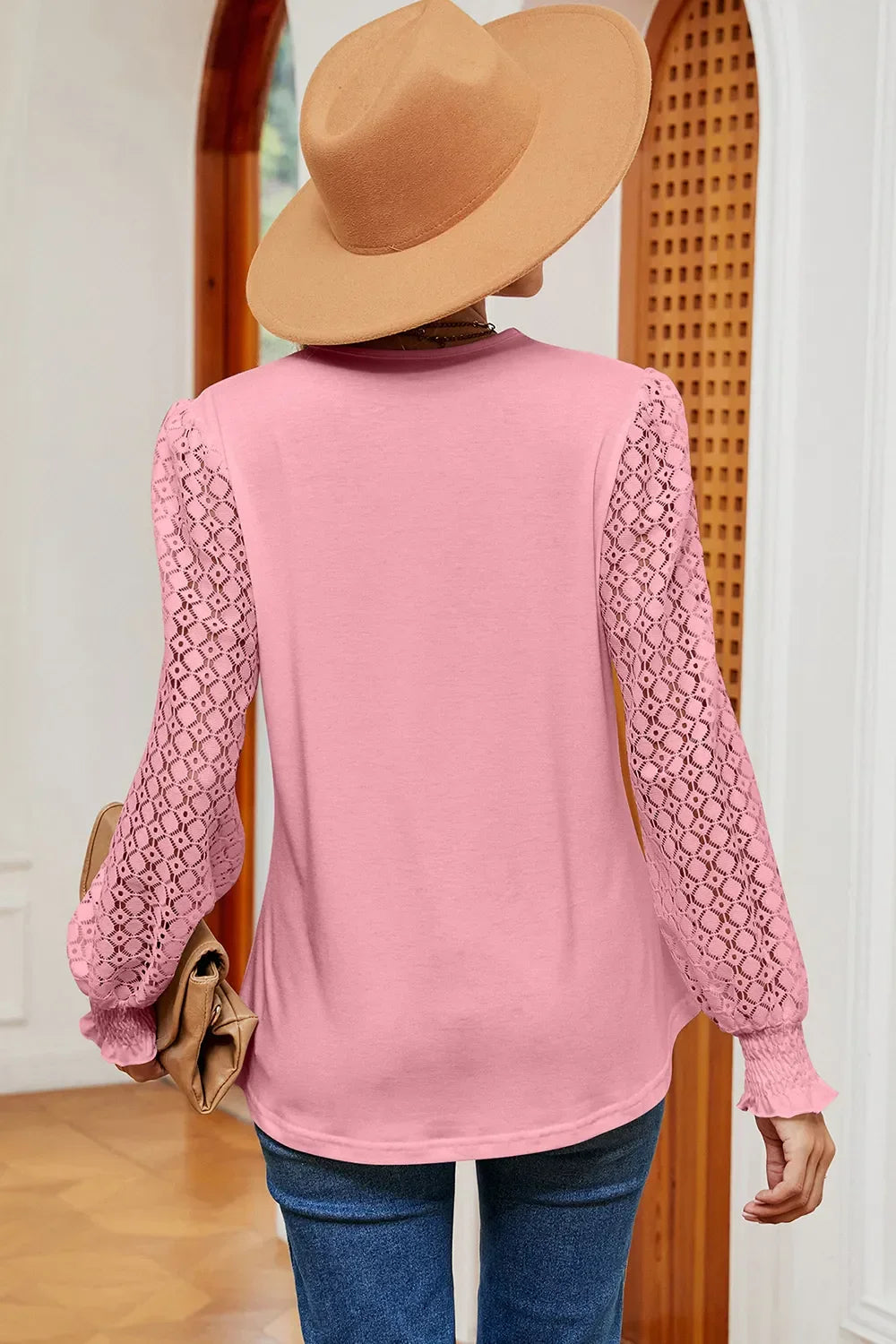 Openwork V-Neck Long Sleeve Sheer T-Shirt - Southern Shores Clothing