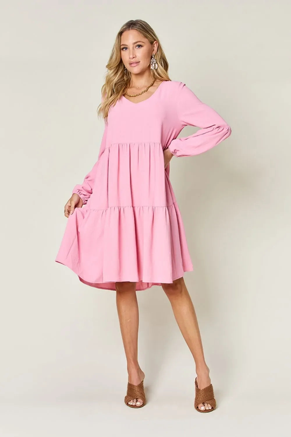V Neck Balloon Sleeve Tiered Dress With Pockets - Southern Shores Clothing