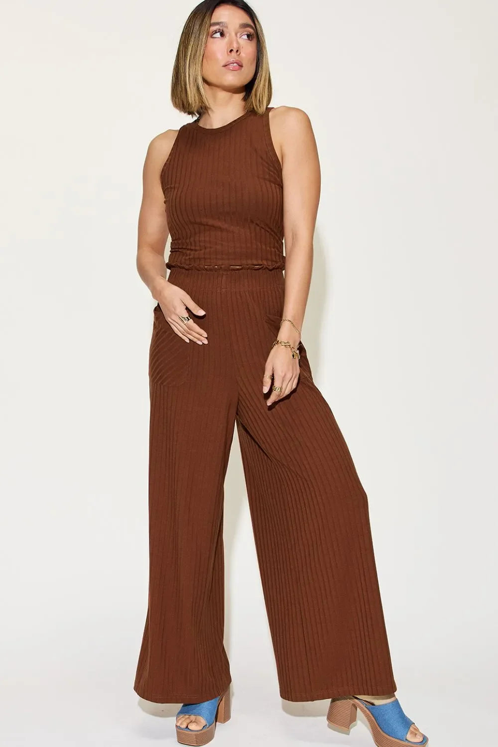 Two Piece Ribbed Tank and Wide Leg Pants Set - Southern Shores Clothing
