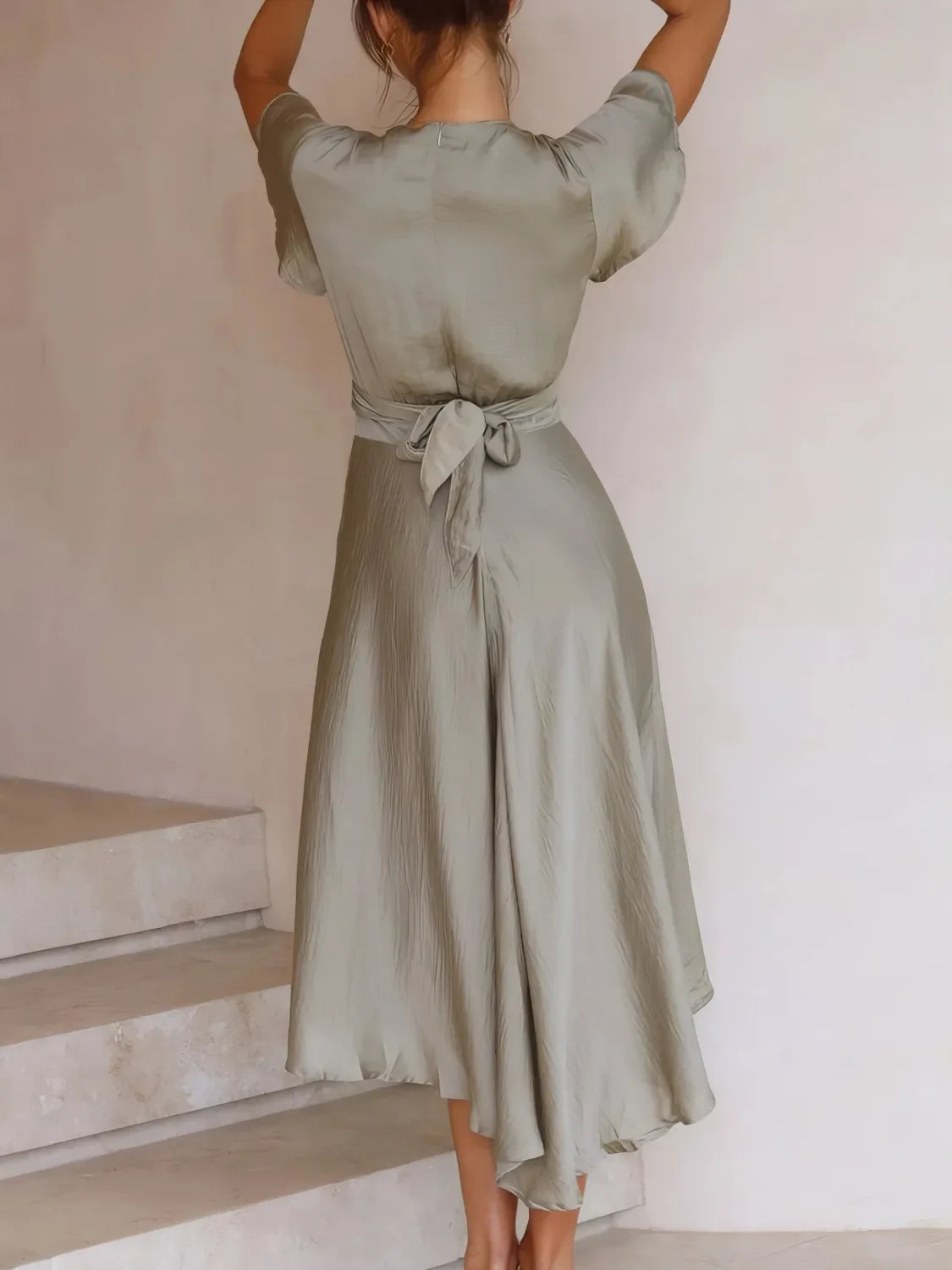 High-Low Plunge Flutter Sleeve Dress Coastal Style