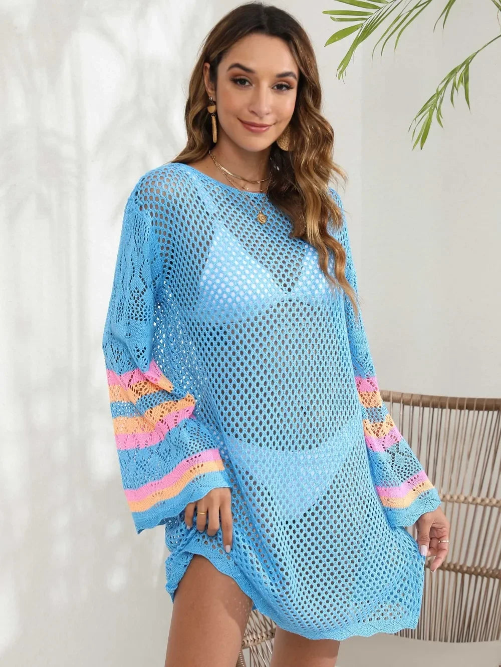 Openwork Sheer Long Sleeve Cover-Up One Size - Southern Shores Clothing