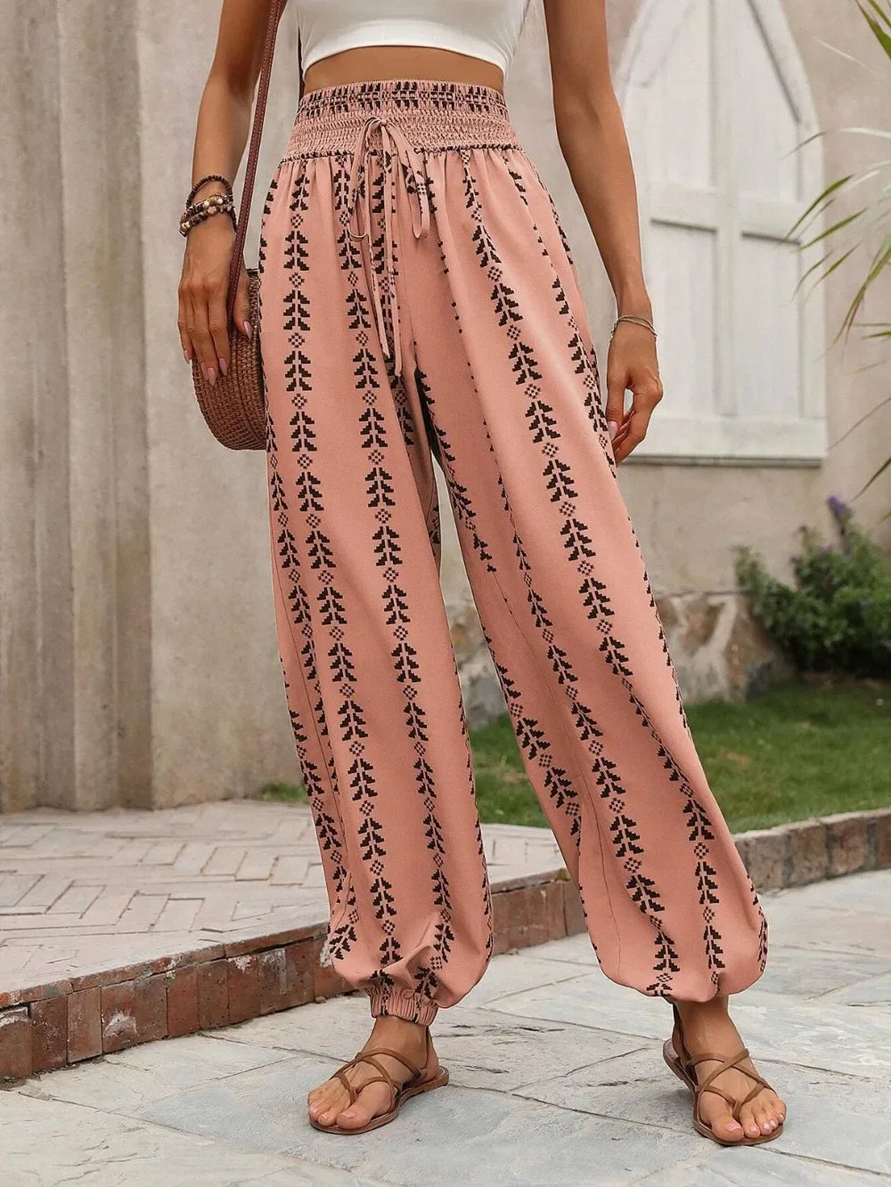 Tied Printed High Waist Wide Leg Pants With Drawstring Tie - Southern Shores Clothing