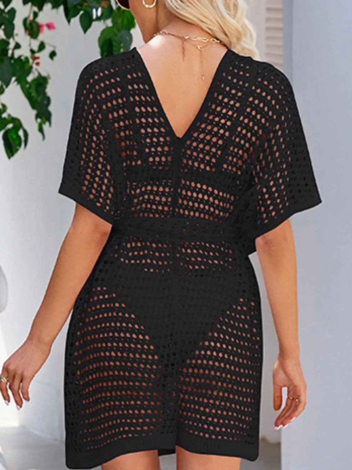 Open Front Tied Openwork Polyester Cover-Up One Size
