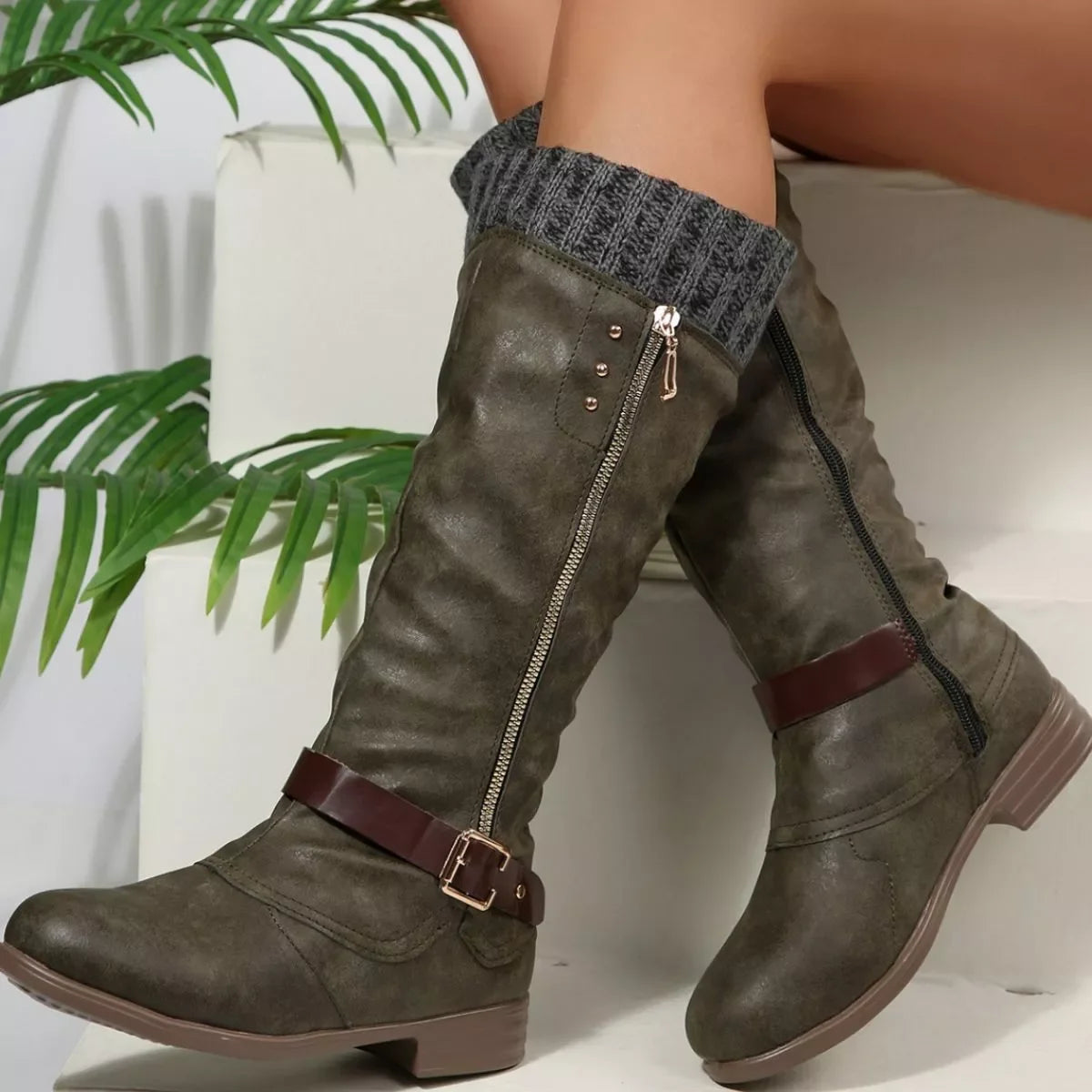 Round Toe Block Heel Boots Suede Rubber Casual