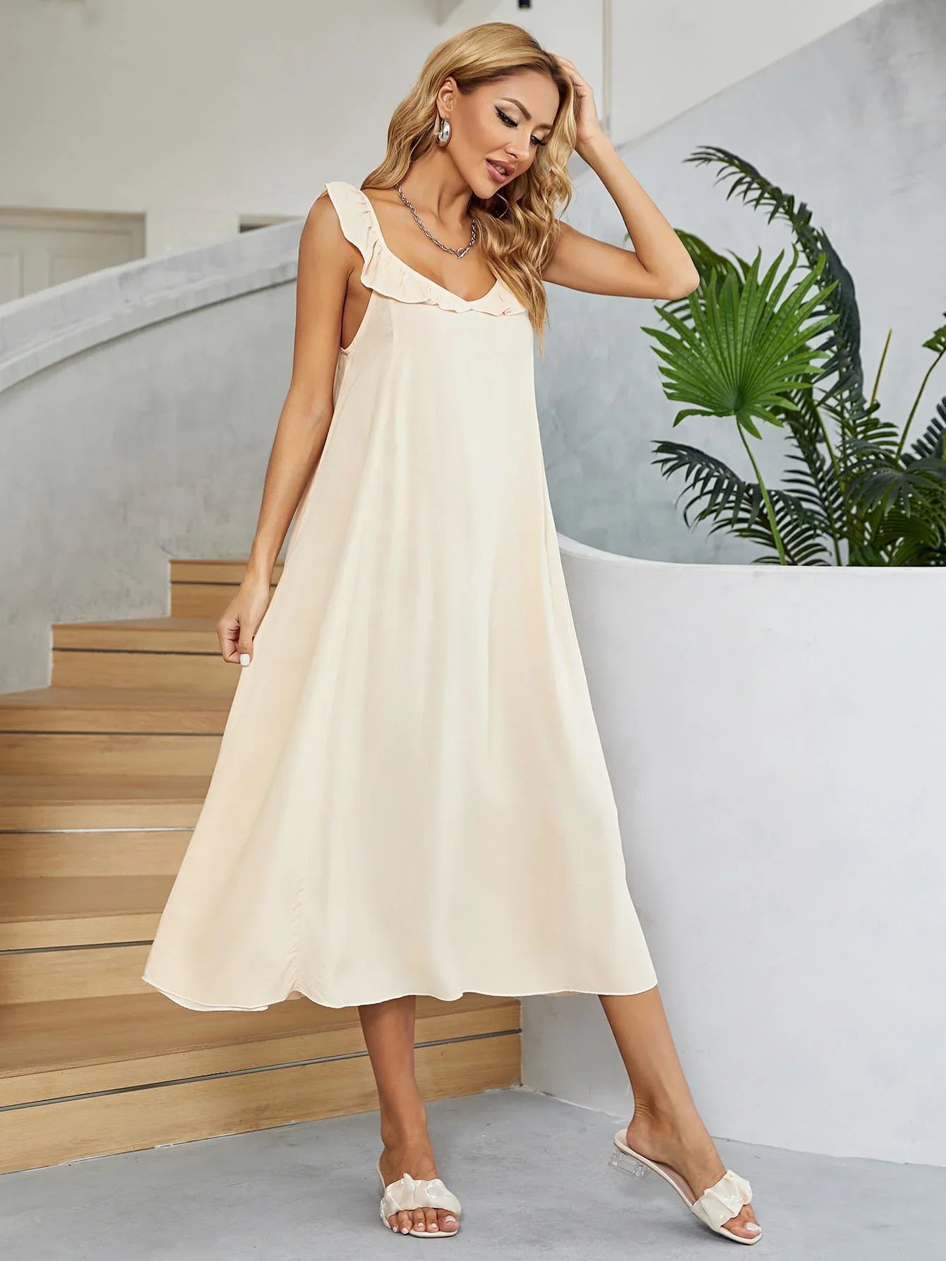 Ruffled V-Neck Midi Dress - Southern Shores Clothing