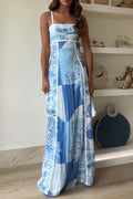 Boho Patchwork Printed Square Neck Maxi Dress With Cutout Back - Southern Shores Clothing