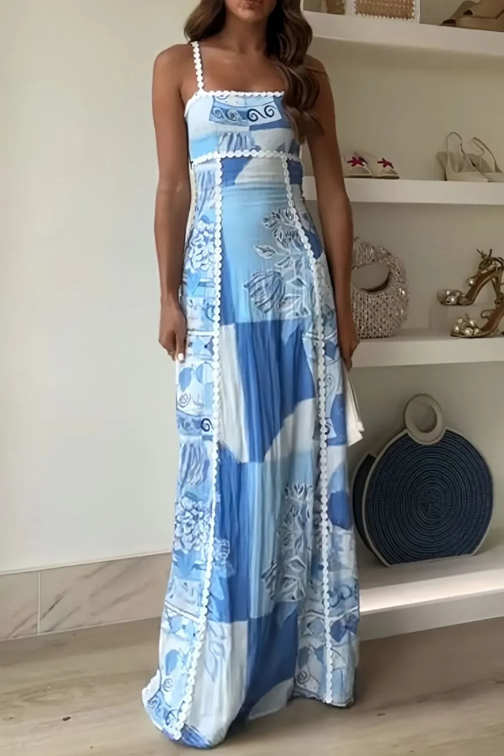 Boho Patchwork Printed Square Neck Maxi Dress With Cutout Back - Southern Shores Clothing