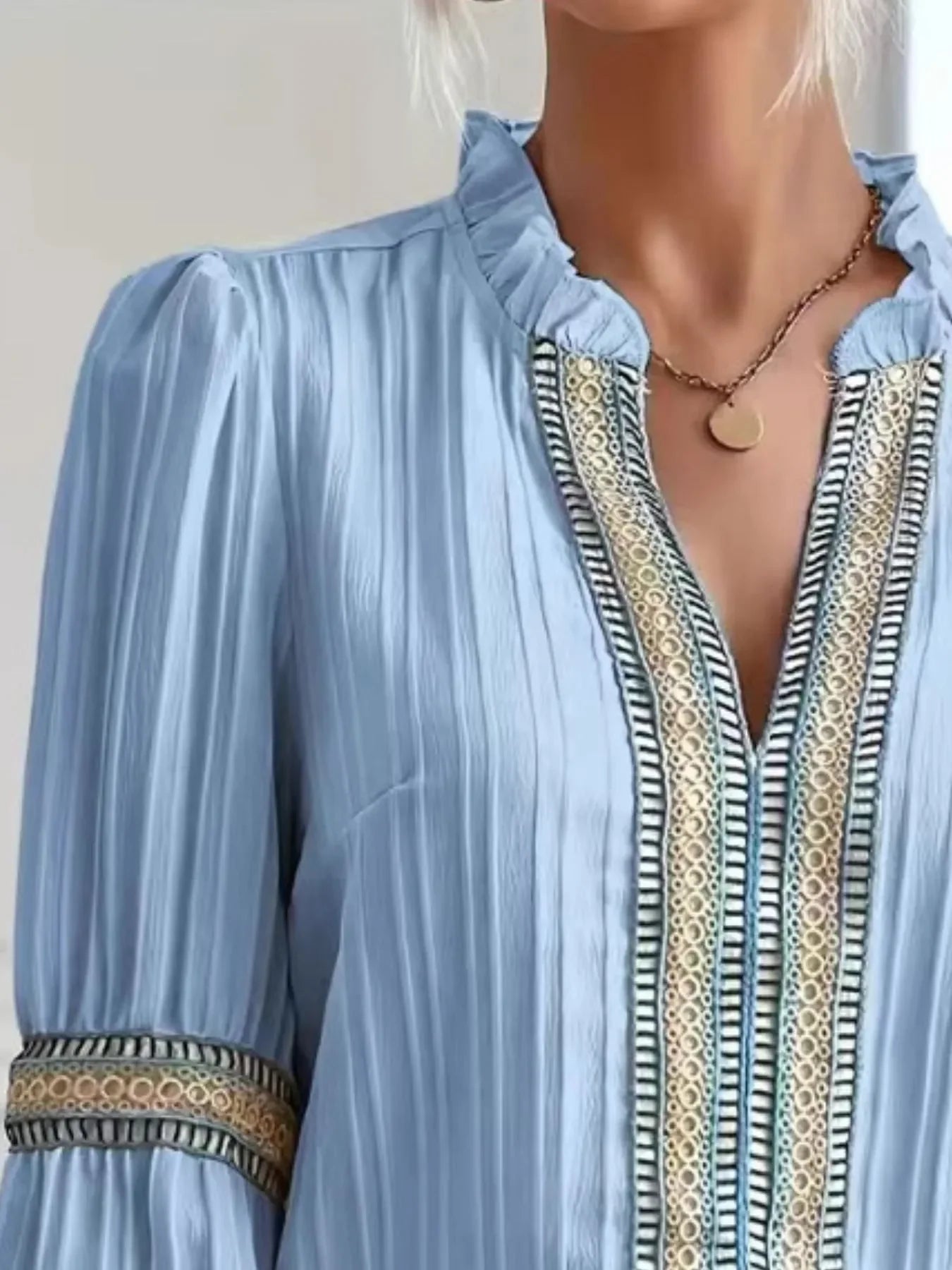 Textured Notched Balloon Sleeve Blouse Top - Southern Shores Clothing