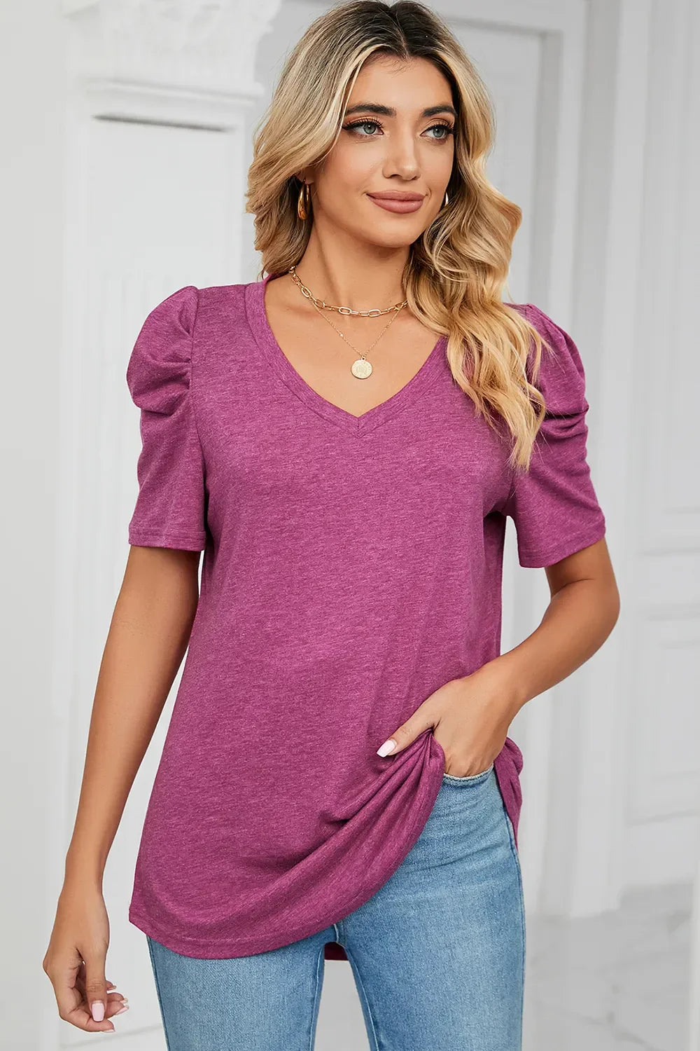 Heathered V-Neck Puff Sleeve T-Shirt - Southern Shores Clothing
