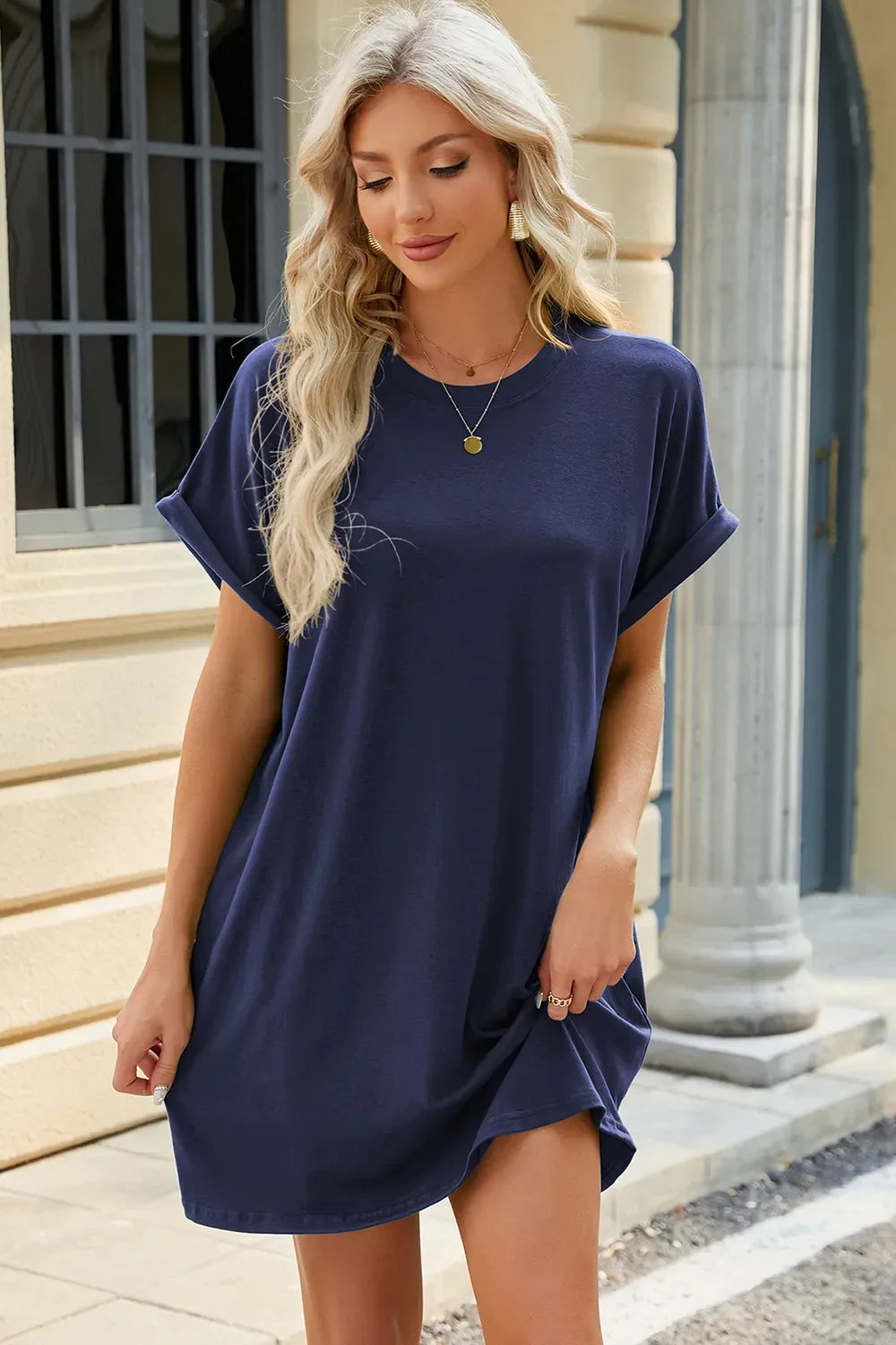 Round Neck Rolled Short Sleeve Tee Dress - Southern Shores Clothing