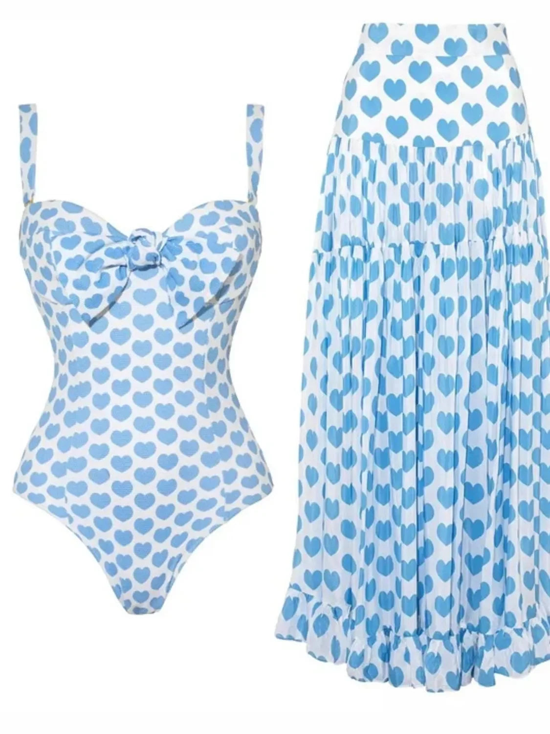Heart-Print One-Piece Swimsuit With Ruffle Bow Skirt Soft Cups - Southern Shores Clothing