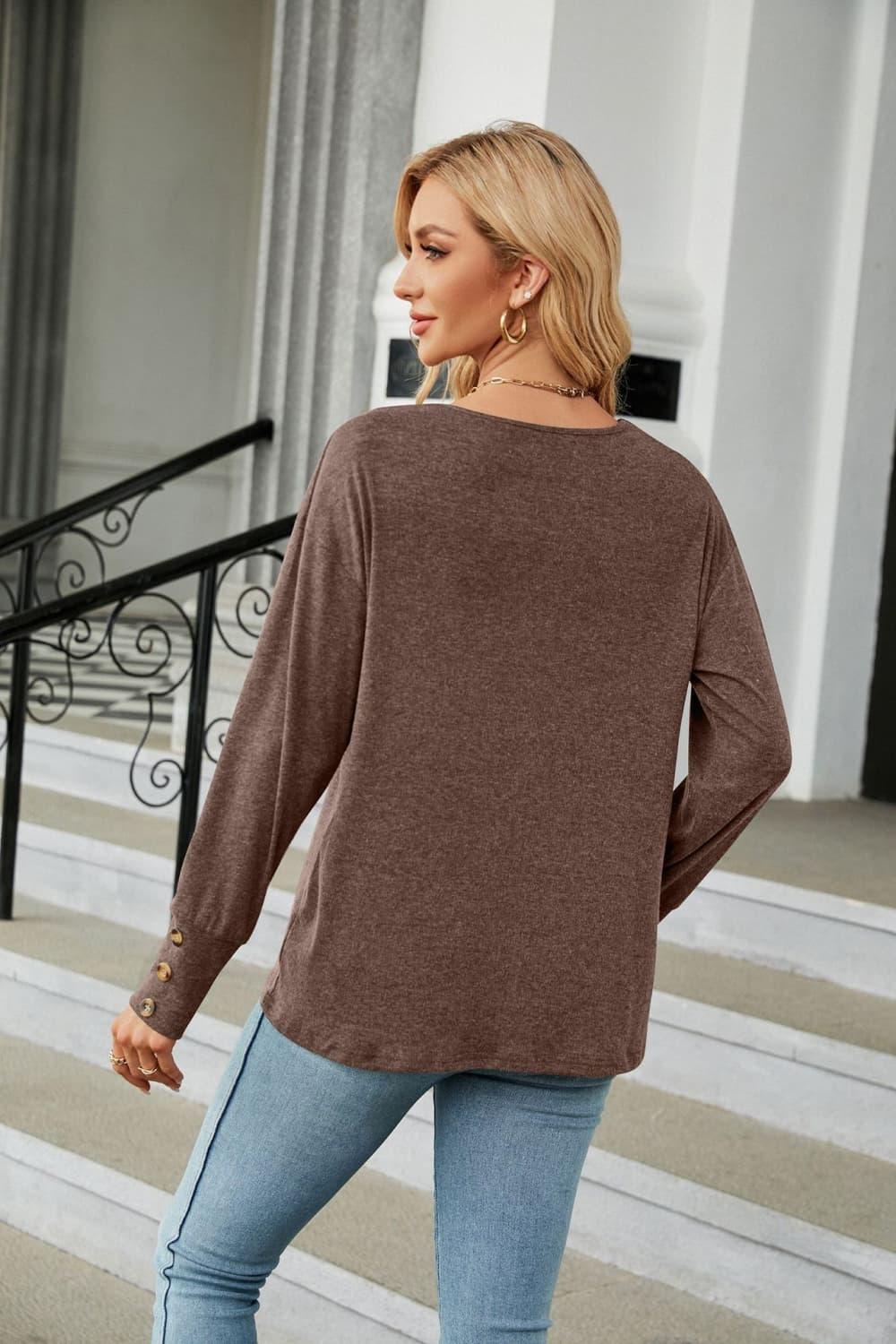 V-Neck Long Sleeve Tee With Button Detail - Southern Shores Clothing
