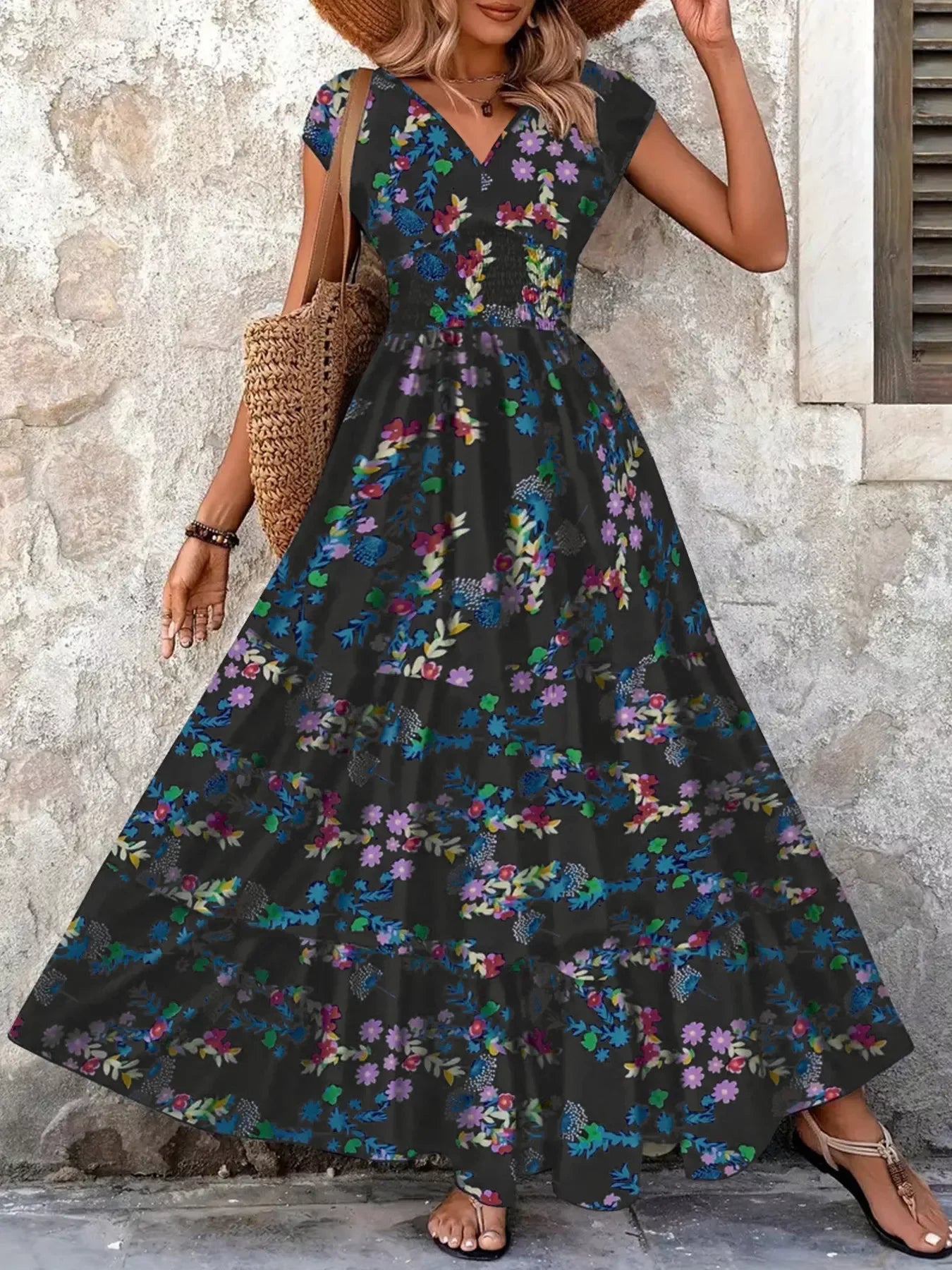 Printed V-Neck Cap Sleeve Maxi Dress Casual - Southern Shores Clothing
