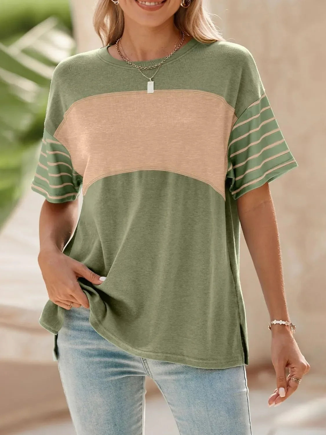Block Striped Sleeve T Shirt With Lightweight Fabric - Southern Shores Clothing