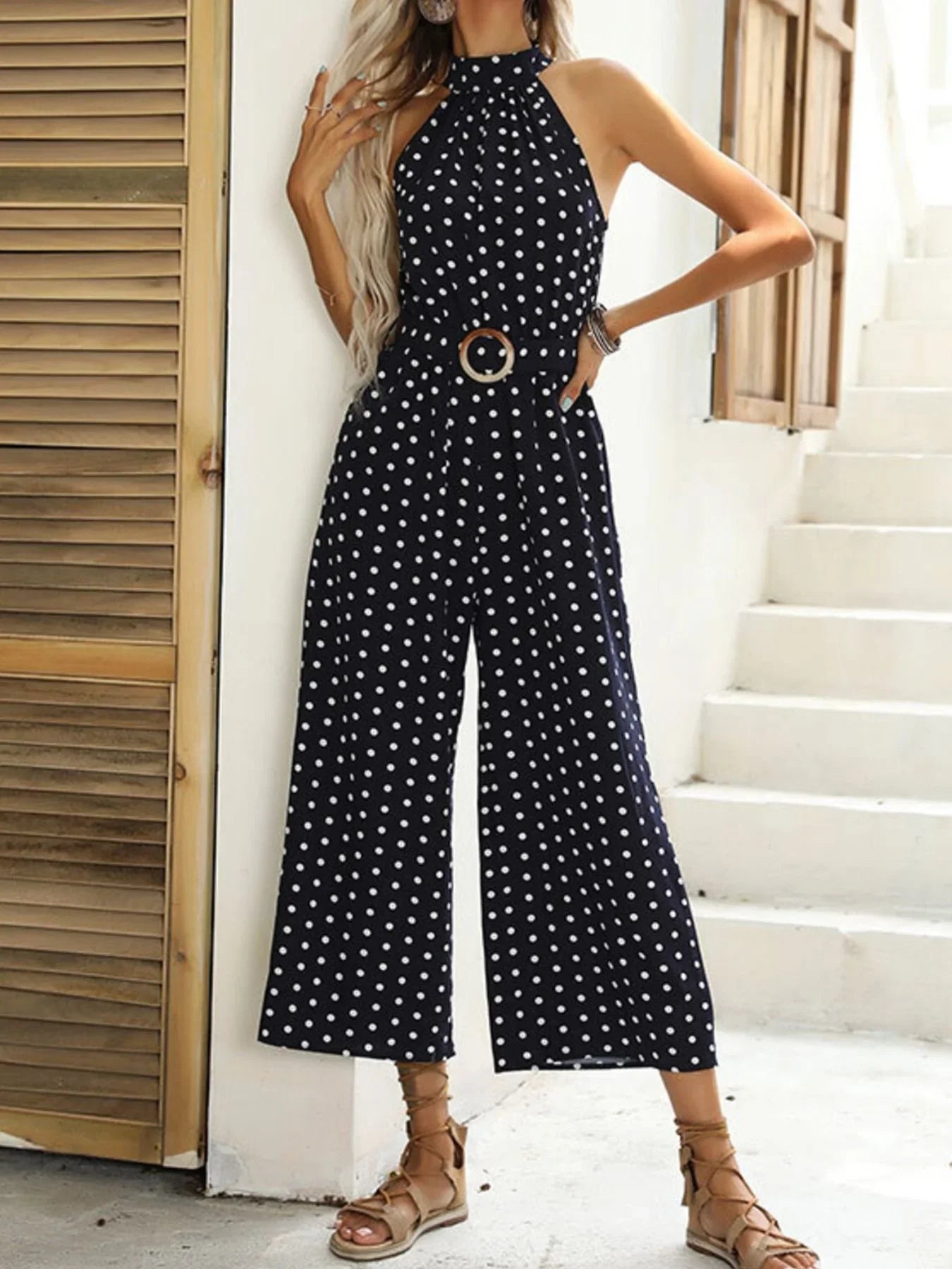Polka Dot Halter Neck Wide Leg Jumpsuit Style - Southern Shores Clothing
