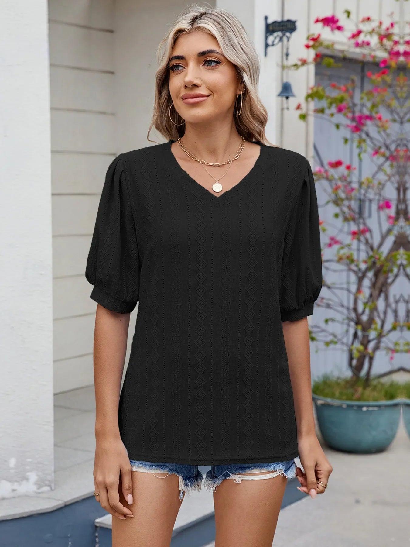 Spade Eyelet V-Neck Puff Sleeve Rayon Top - Southern Shores Clothing