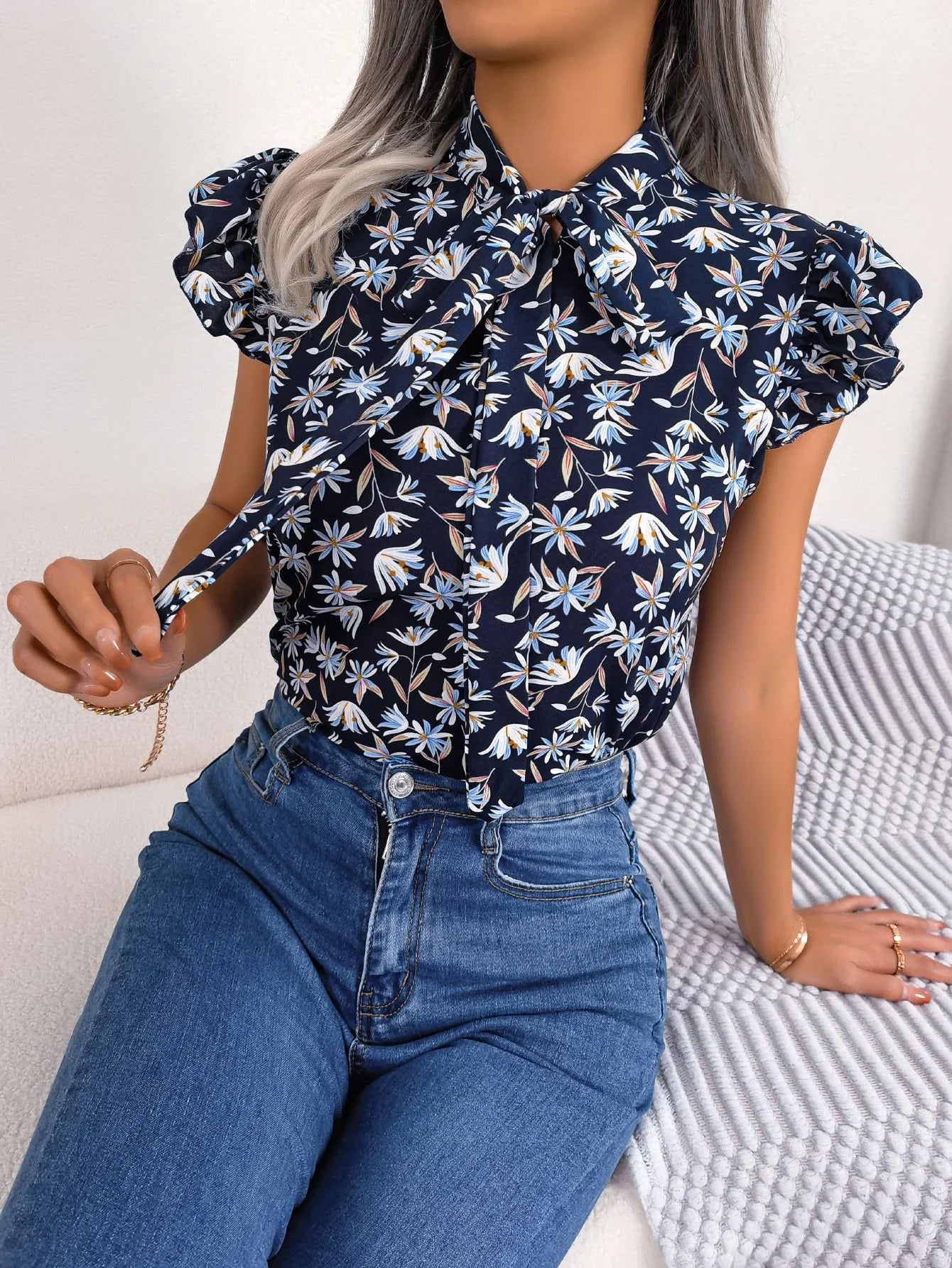 Floral Printed Tie Neck Flutter Sleeve Blouse Polyester - Southern Shores Clothing