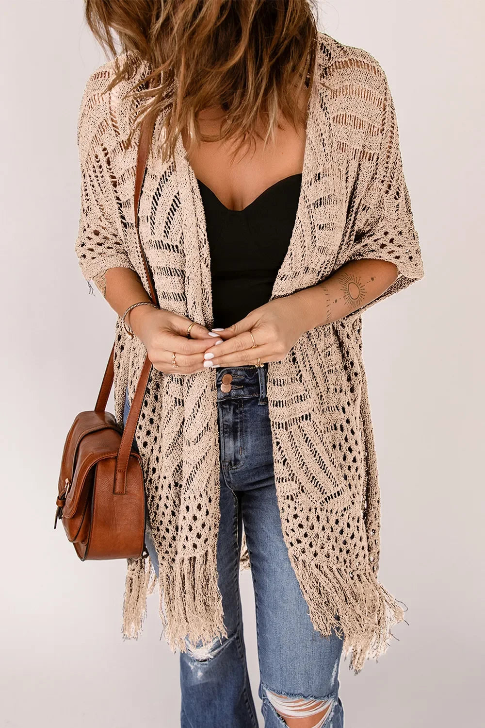 Lightweight Openwork Fringed Cardigan With Open Front - Southern Shores Clothing