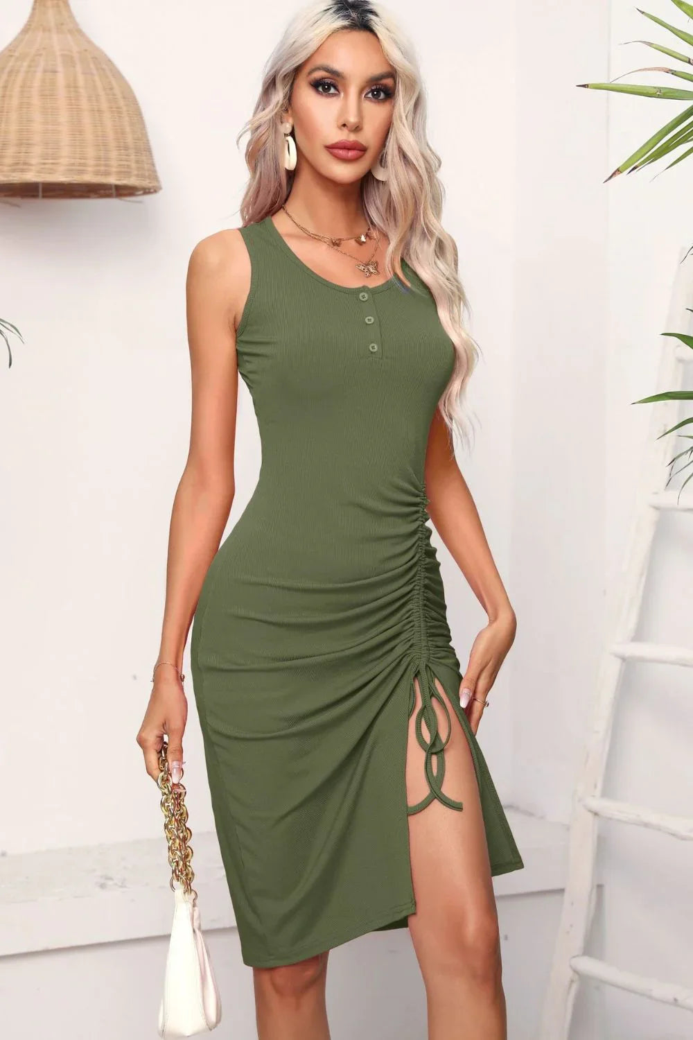 Drawstring Ruched Slit Sleeveless Dress Knee Length - Southern Shores Clothing