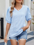 Puff Sleeve V-Neck Eyelet Lace Stretch T Shirt - Southern Shores Clothing