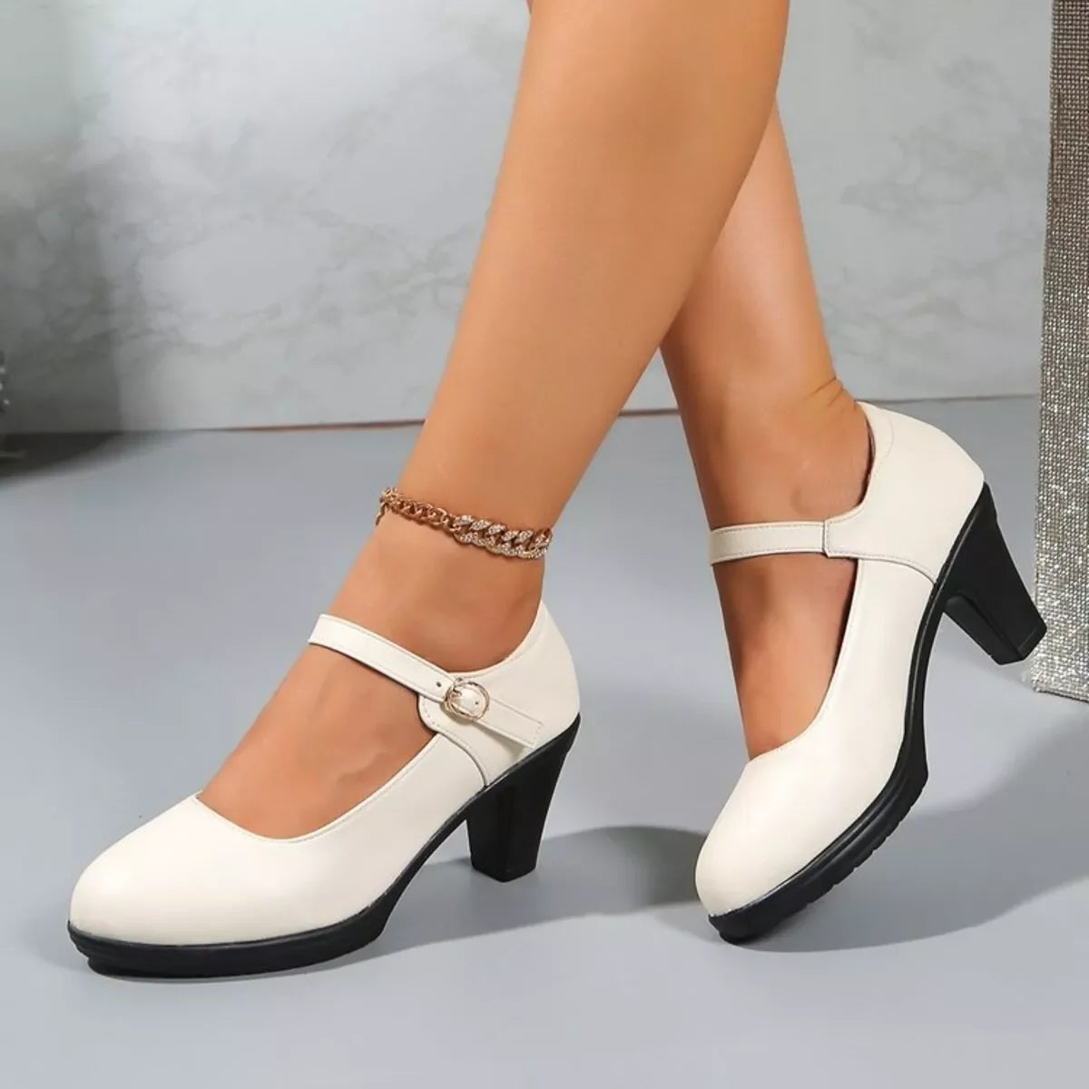 Elegant Mid Heel Buckle Block Heel Pumps