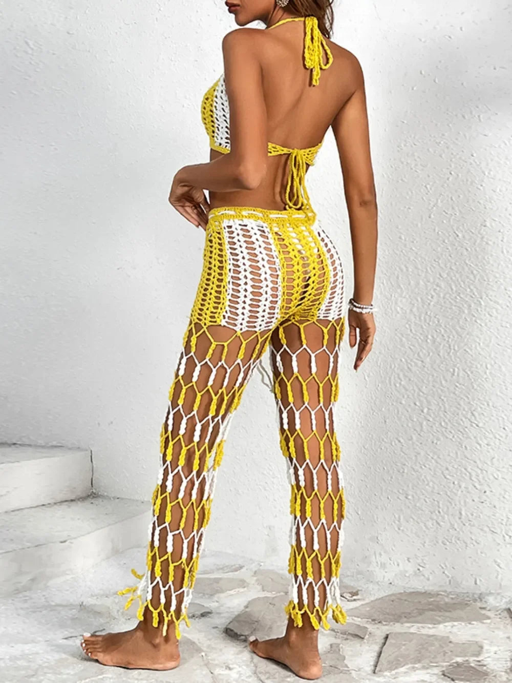 Cutout Crochet Halter Top And Netted Pants Two-Piece Swim Set - Southern Shores Clothing