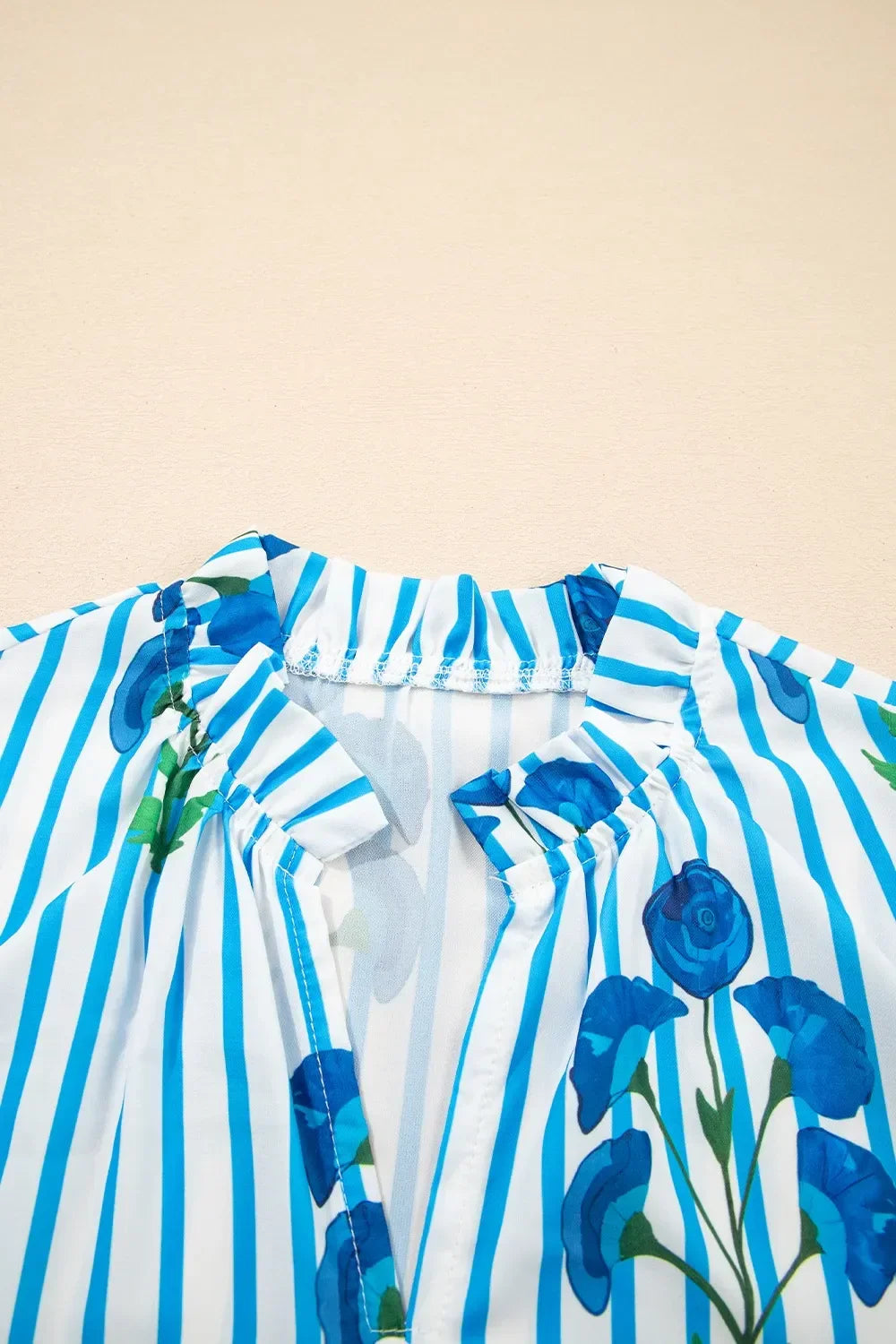 Striped Floral Notched Neck Puff Sleeve Blouse - Southern Shores Clothing