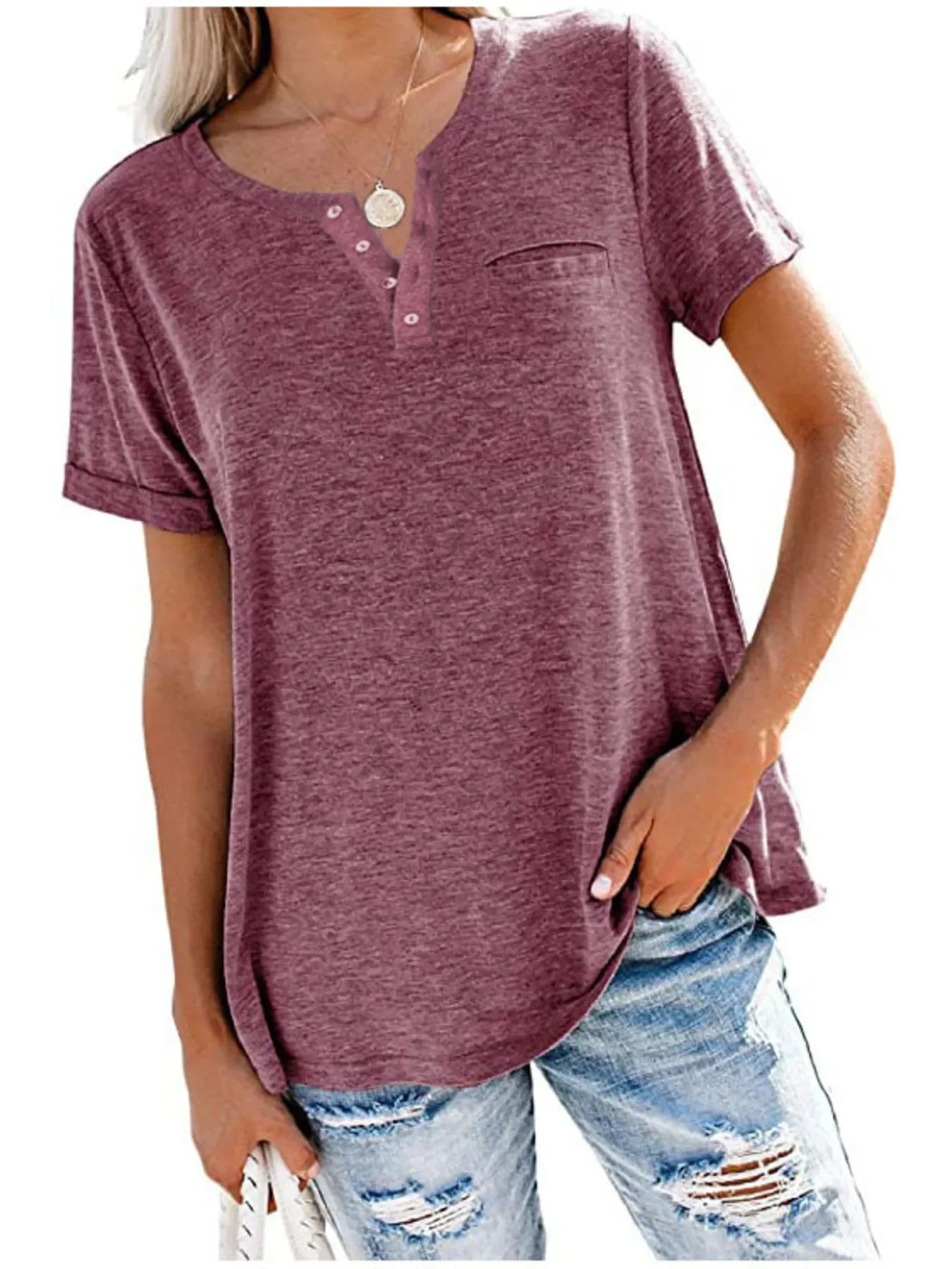 Notched Short Sleeve Plus Size T Shirt Casual Wear - Southern Shores Clothing