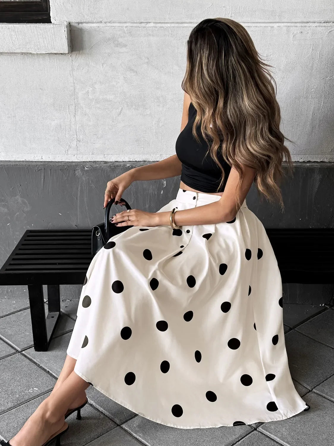 Polka Dot Flowing Skirt With Lightweight Draping - Southern Shores Clothing