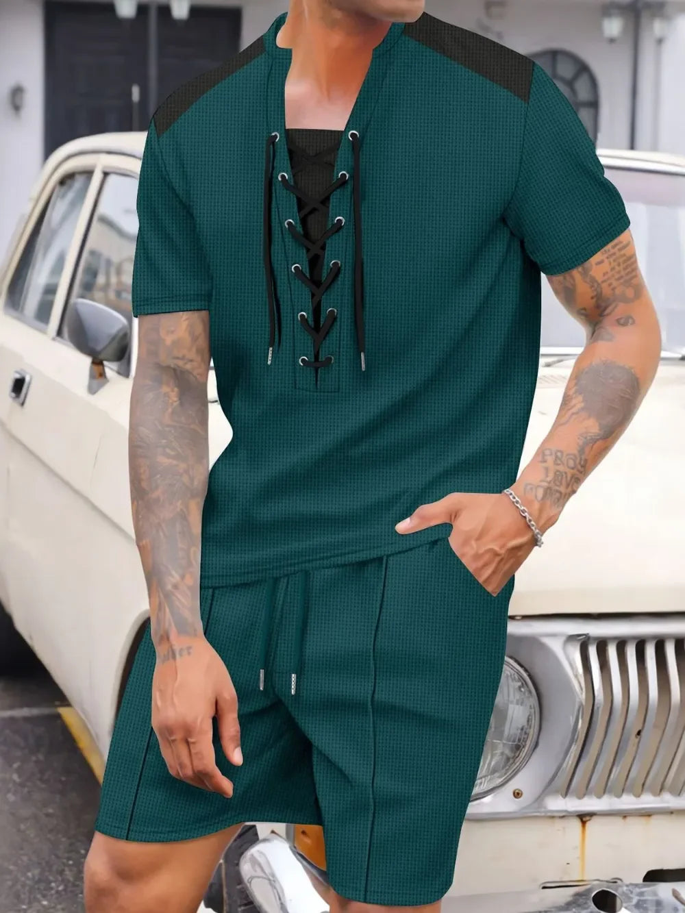 Men's Full Size Lace-Up Waffle Knit Top and Shorts Set Plus Size - Southern Shores Clothing