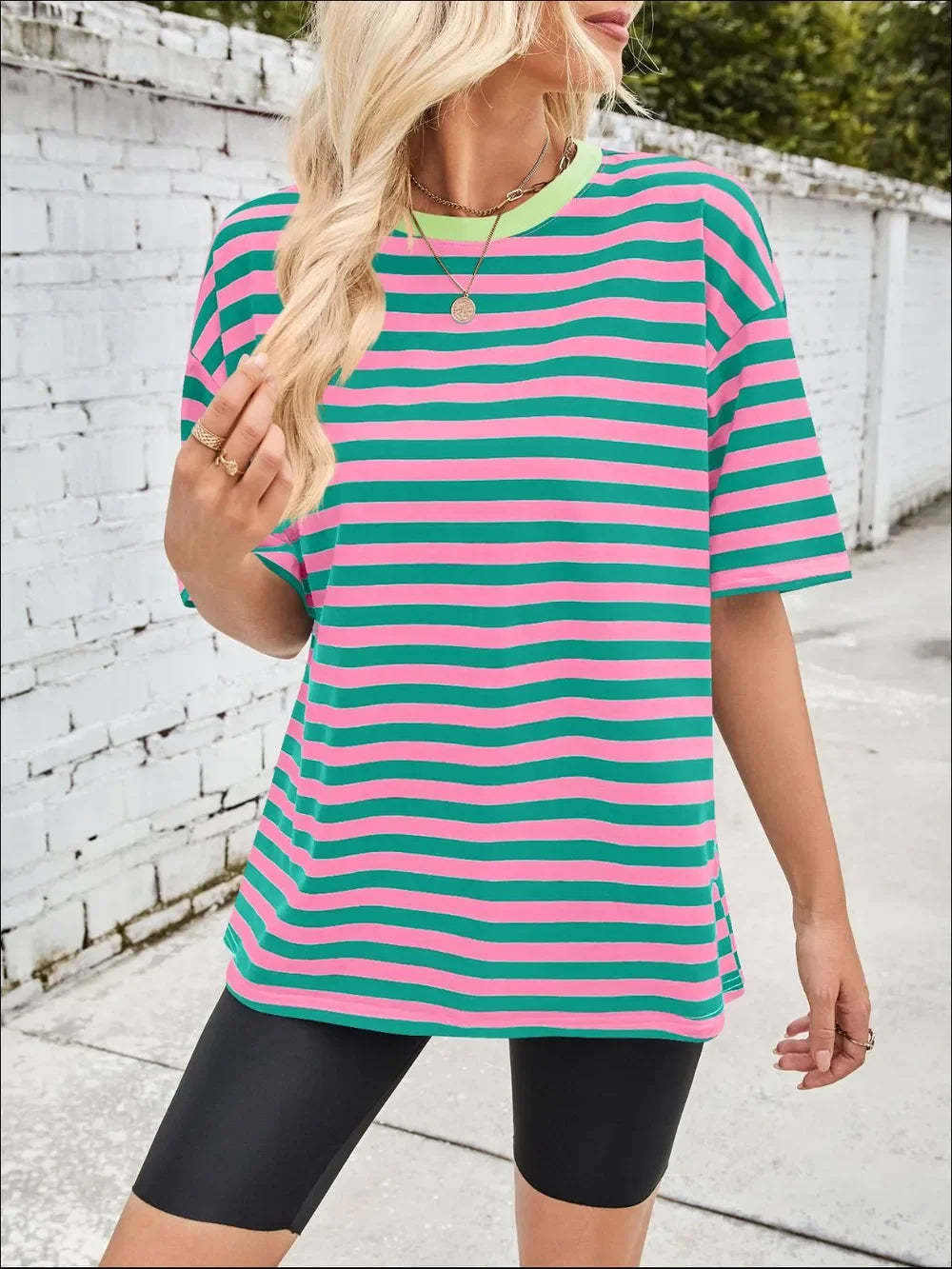 Striped Round Neck Half Sleeve Stretchy T Shirt - Southern Shores Clothing