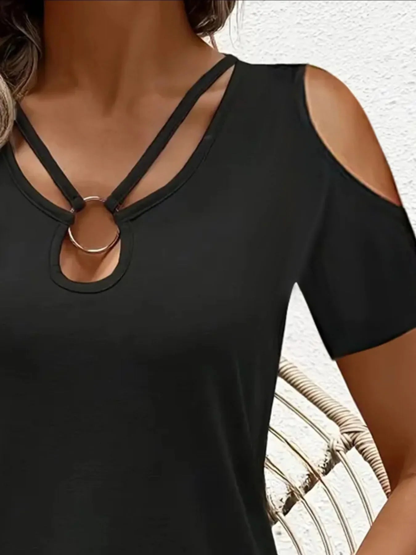 Stretch Cold Shoulder Tee With Metal Ring Detail - Southern Shores Clothing