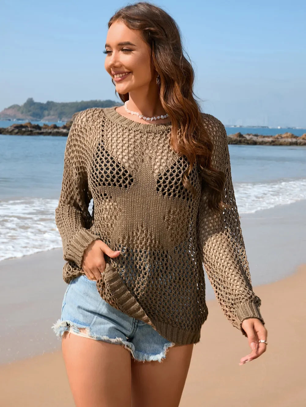 Lightweight Openwork Dropped Shoulder Cover Up
