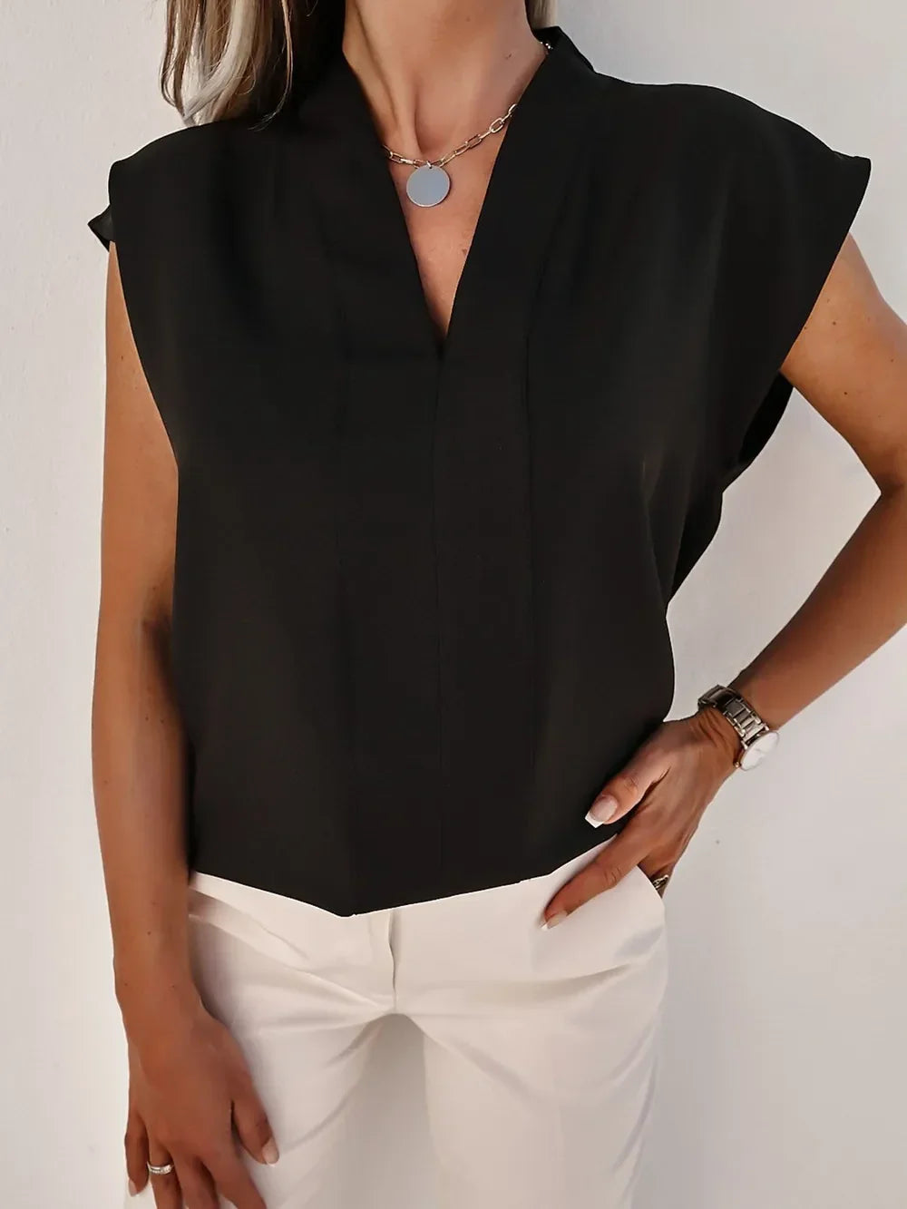 Southern Shores Clothing V-Neck Cap Sleeve Polyester Blouse For Casual And Everyday Outfits - Southern Shores Clothing