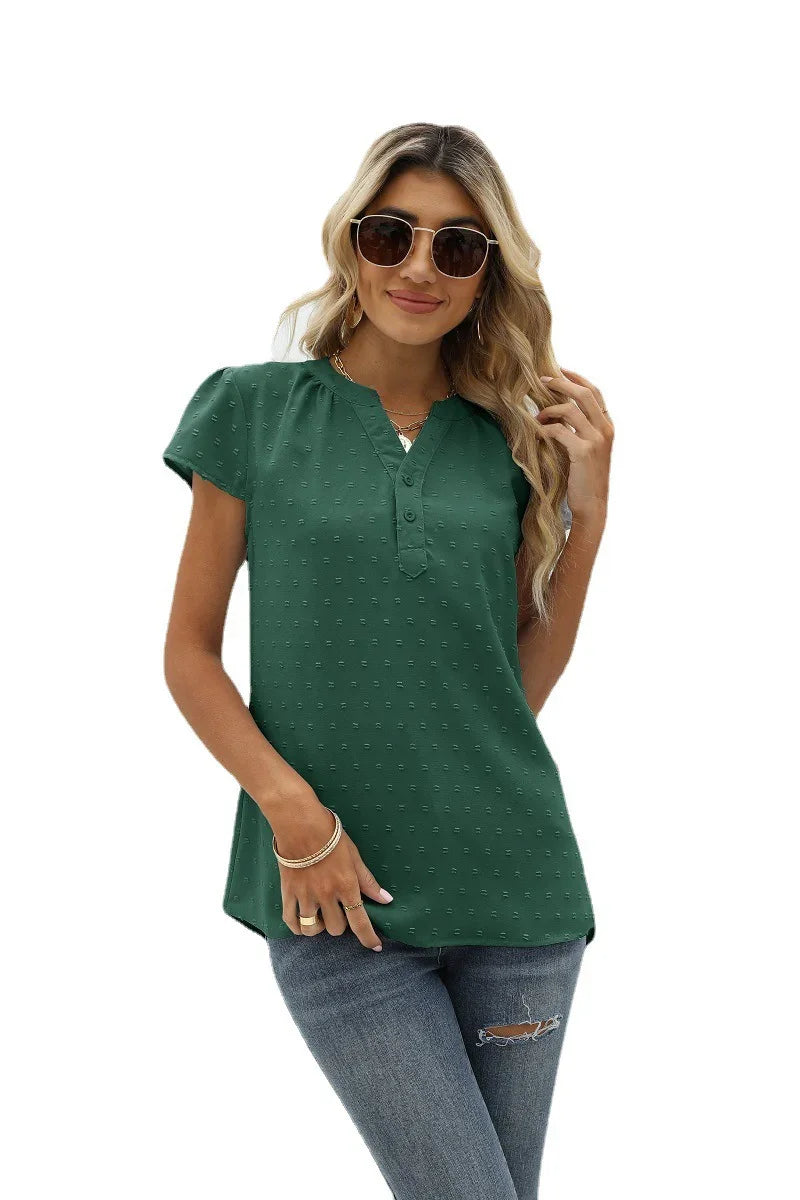 Swiss Dot Notched Neck Short Sleeve Top Casual Wear - Southern Shores Clothing