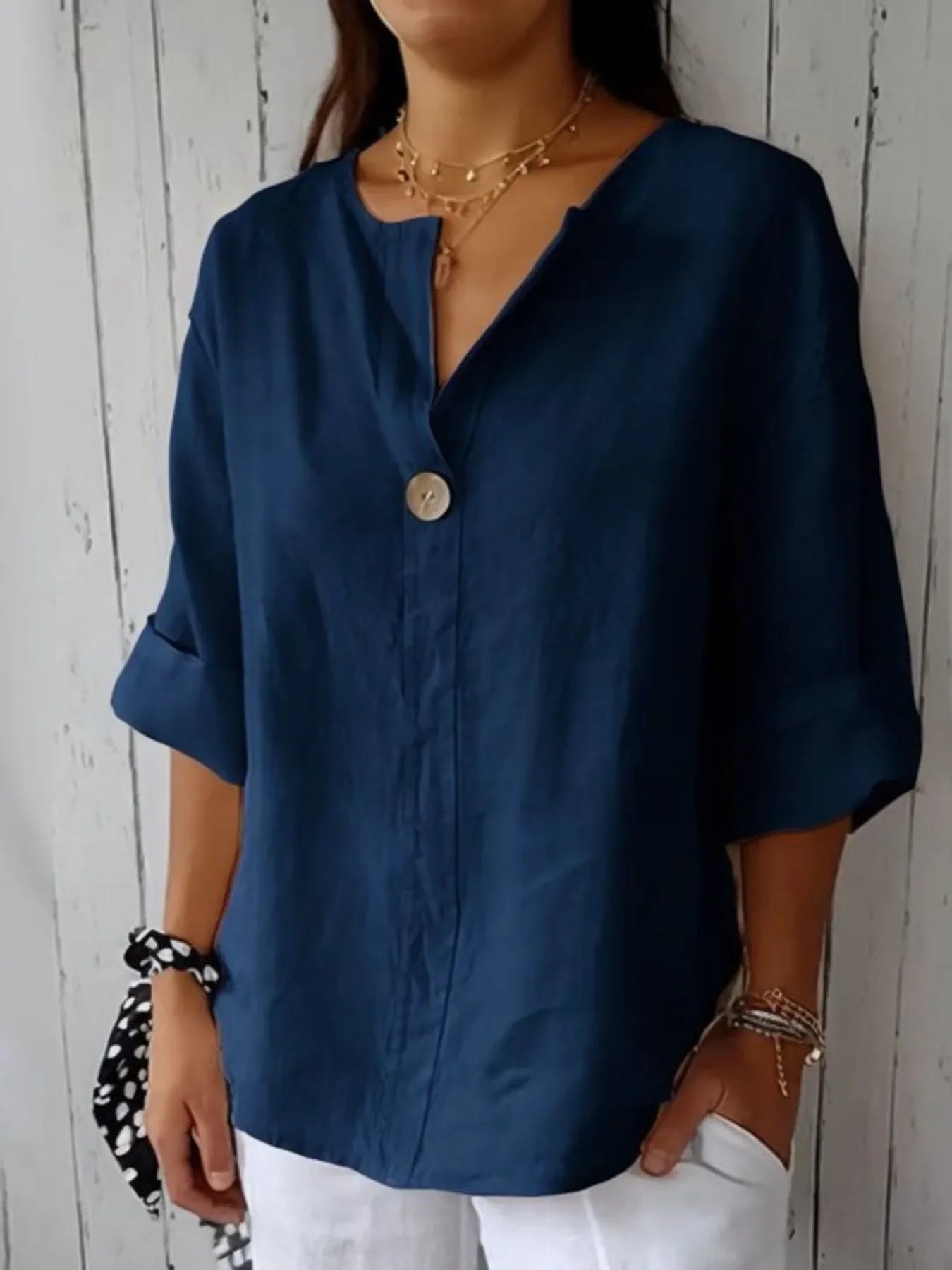 Plus Size Linen Blend Notched Blouse With Button Front - Southern Shores Clothing