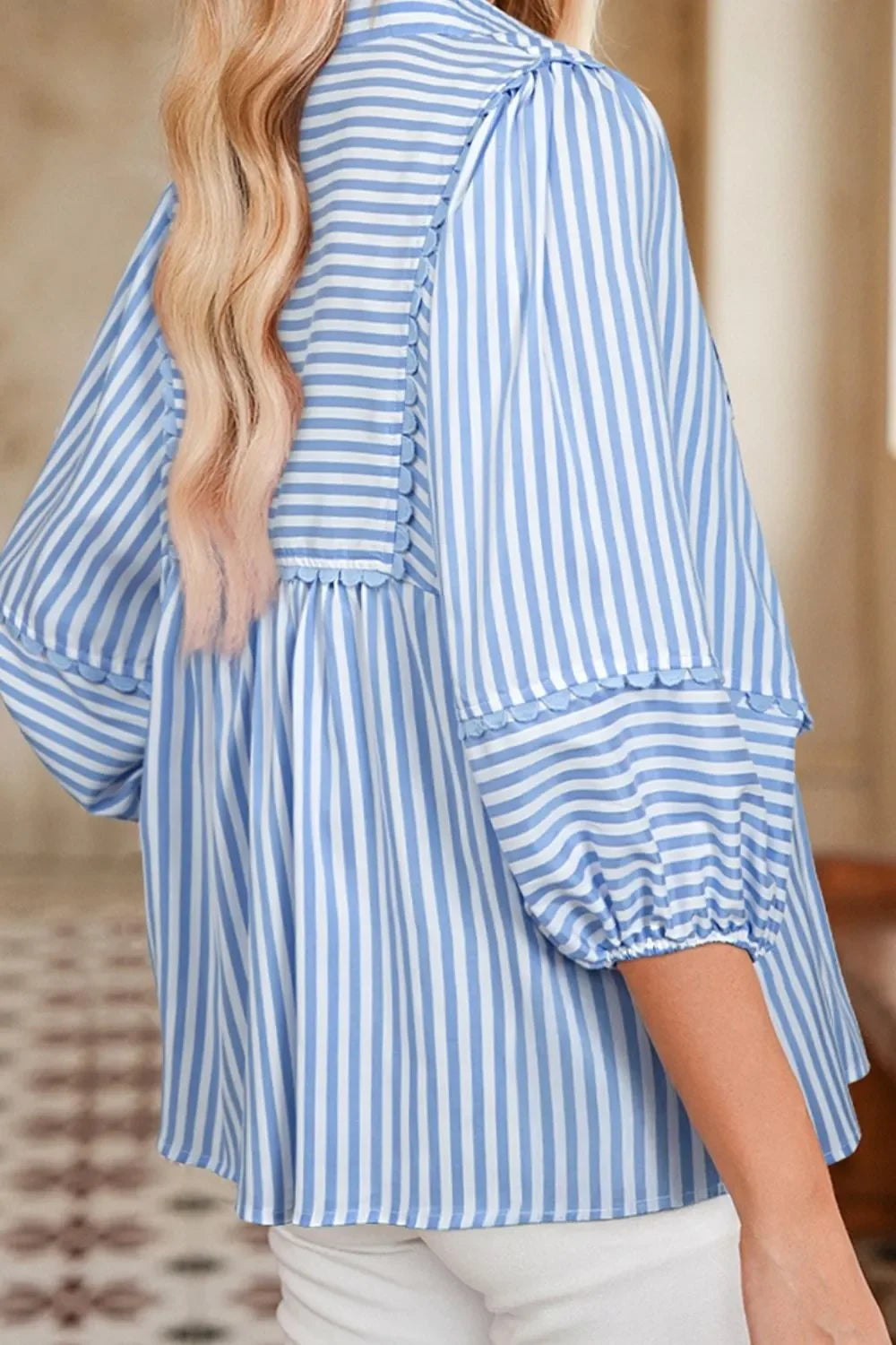 Striped Notched Three Quarter Sleeve Blouse Polyester - Southern Shores Clothing