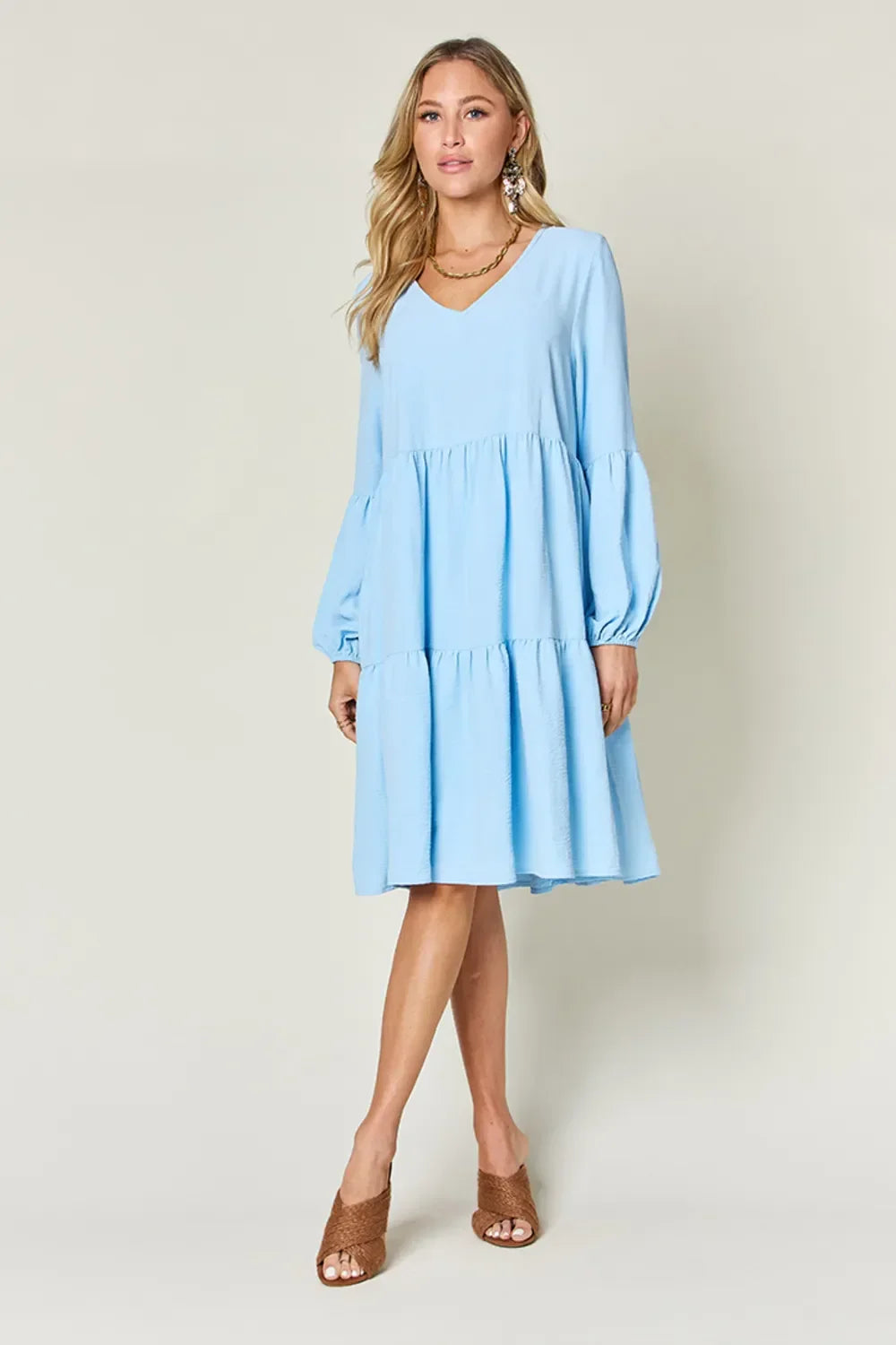 V Neck Balloon Sleeve Tiered Dress With Pockets - Southern Shores Clothing