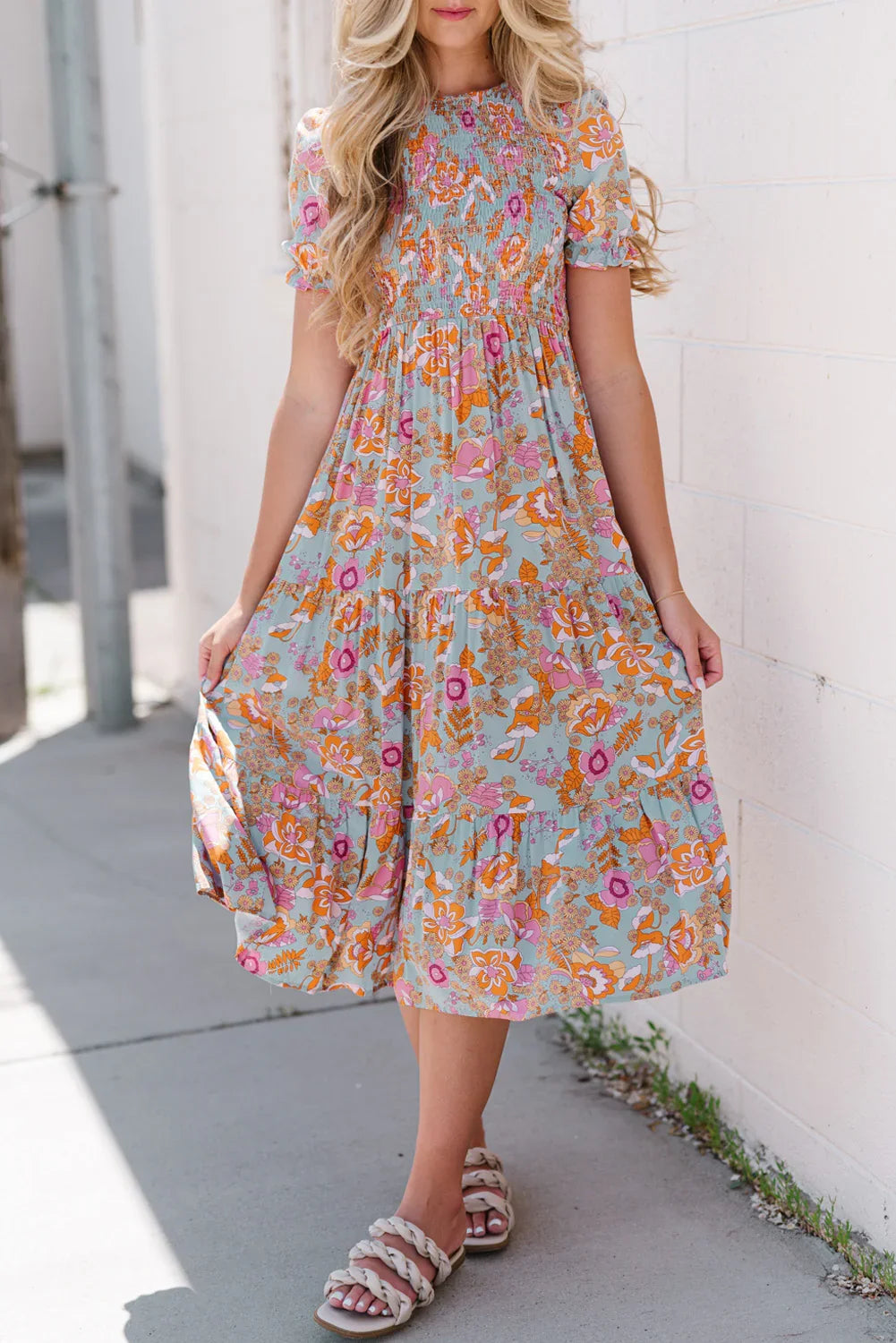 Floral Flounce Sleeve Round Neck Midi Dress - Southern Shores Clothing