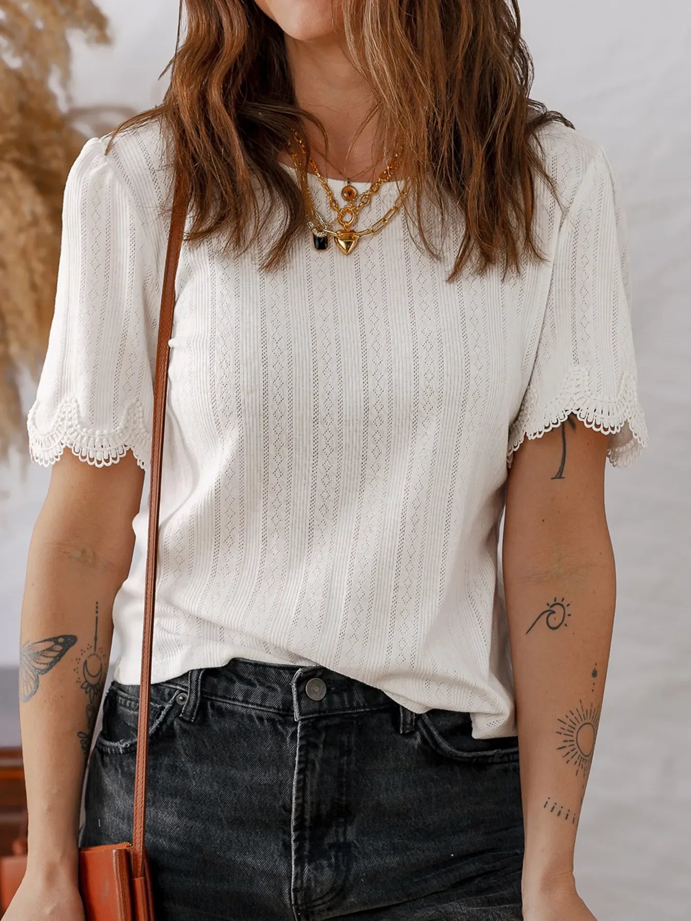 Scalloped Lace Trim Jacquard Textured T Shirt Stretch - Southern Shores Clothing