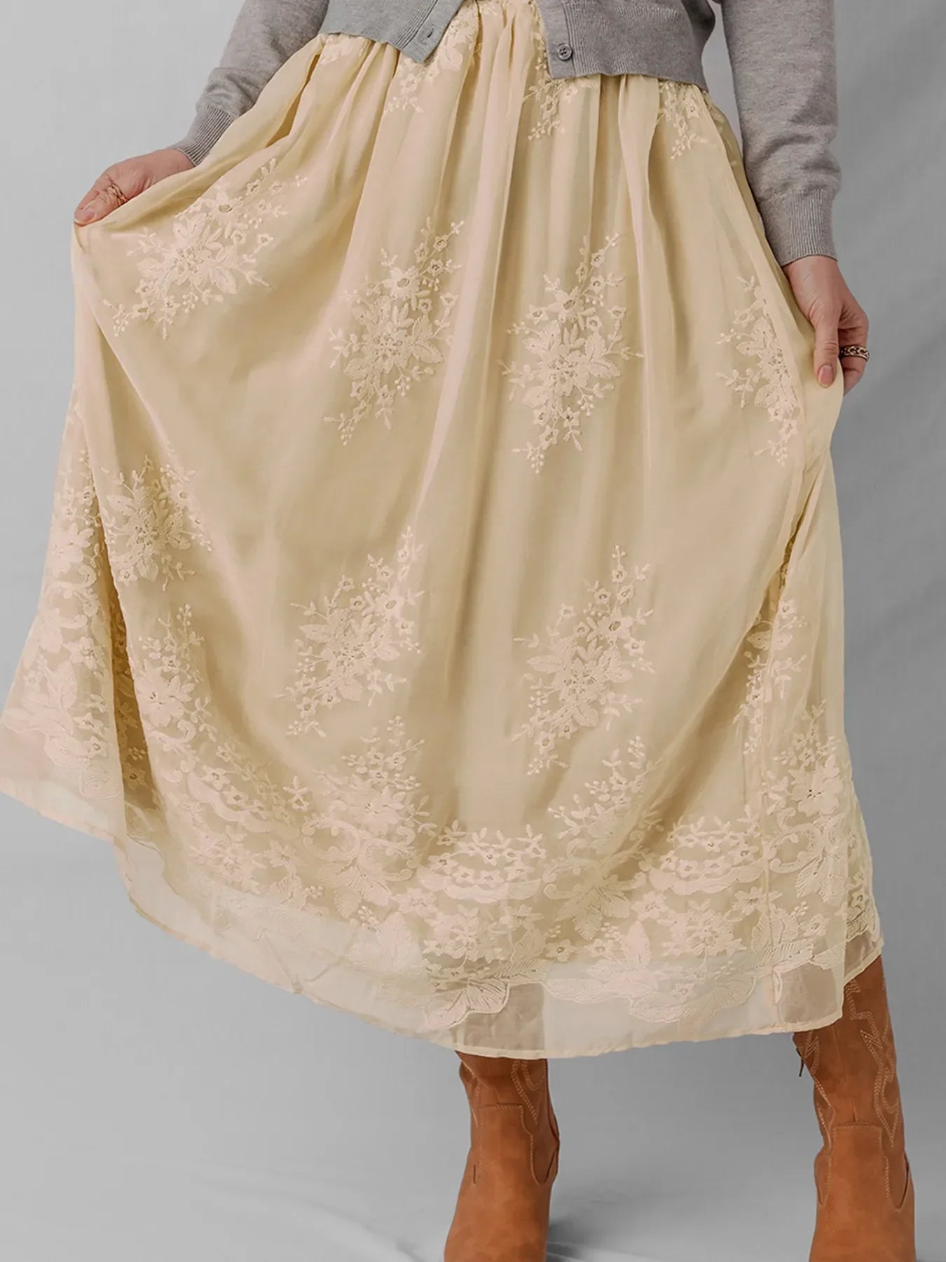 Flowing Embroidered Mesh Overlay Midi Skirt - Southern Shores Clothing