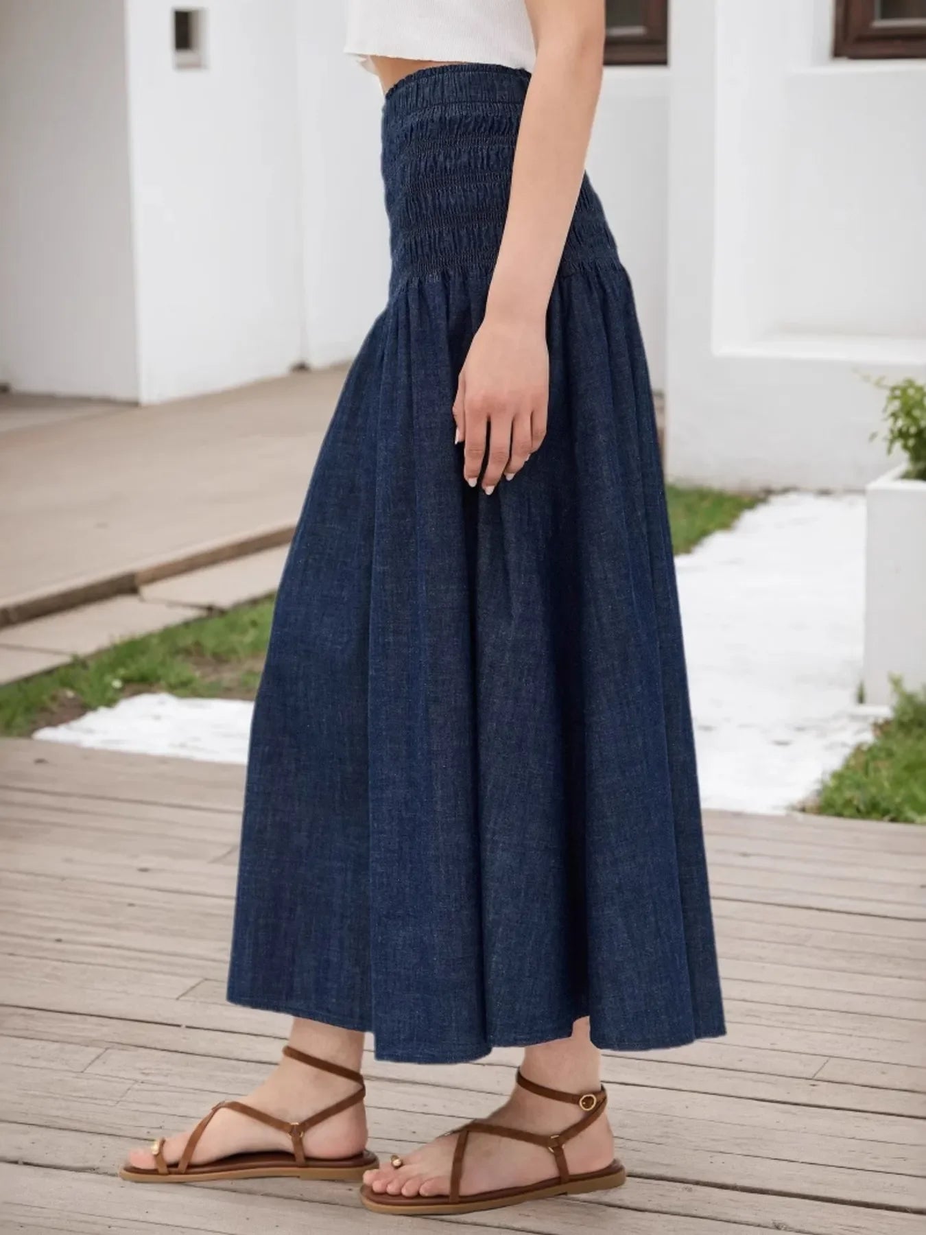 Classic Elastic Waist Midi Skirt With Stretch - Southern Shores Clothing