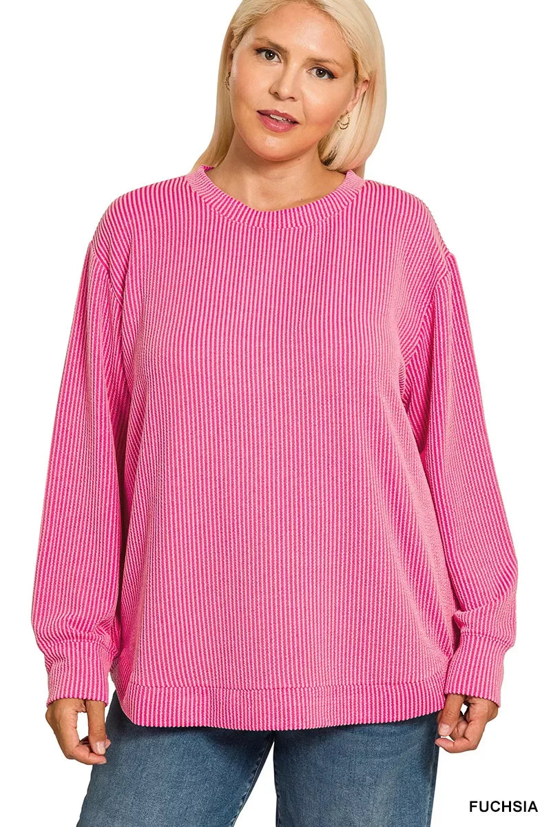 Raised Rib Round Neck Long Sleeve Top Plus Size - Southern Shores Clothing