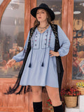 Plus Size Tie Neck Tassel Detail Long Sleeve Mini Dress - Southern Shores Clothing