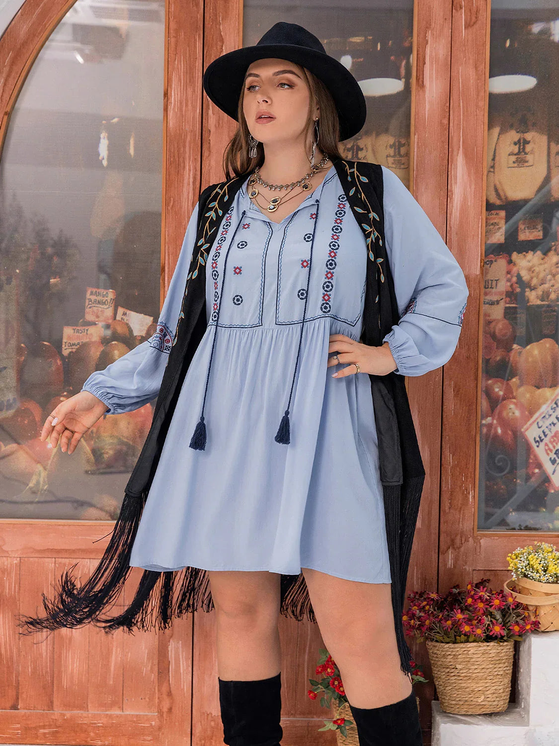 Plus Size Tie Neck Tassel Detail Long Sleeve Mini Dress - Southern Shores Clothing